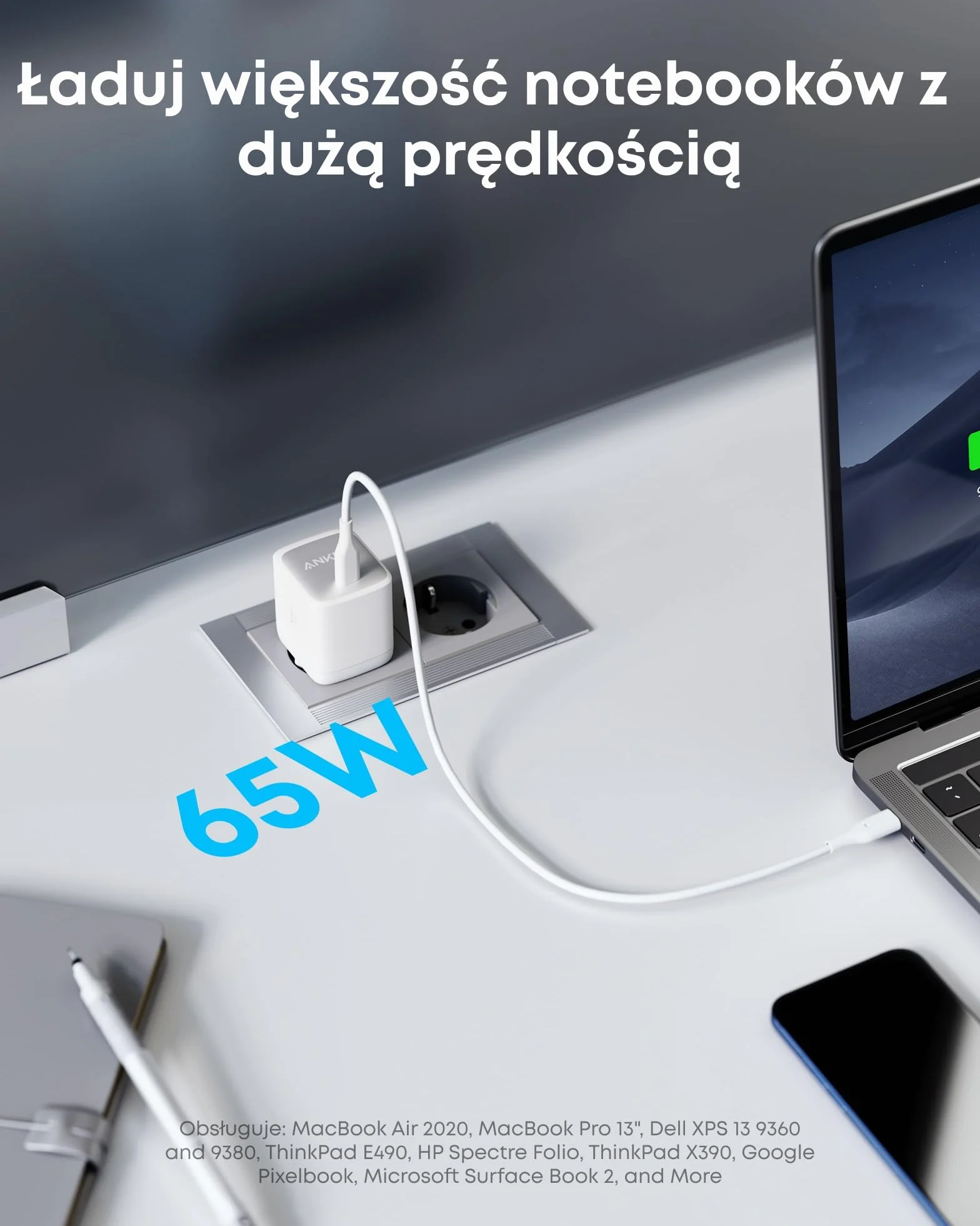 Anker Nano II 65 W USB-C ładowarka zasilacz sieciowy z funkcją szybkiego ładowania, technologia GaN II, kompatybilna z MacBook Pro/Air, Galaxy S20/S10, iPhone 16/Pro/Max, iPad Pro