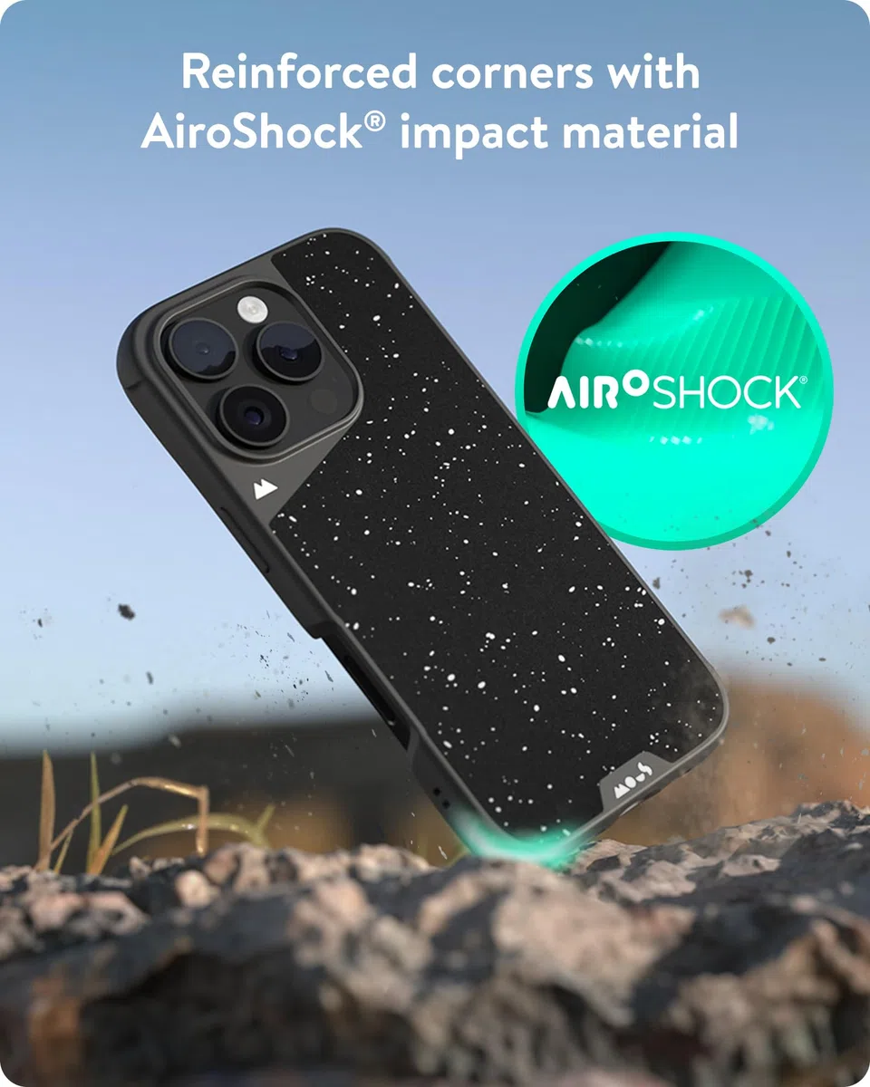 Mous Etui do iPhone'a 16 Pro MagSafe kompatybilne z przyciskiem sterowania kamerą - Limitless 6.0 - nakrapiana czarna tkanina - ochronne, odporne na wstrząsy etui na telefon