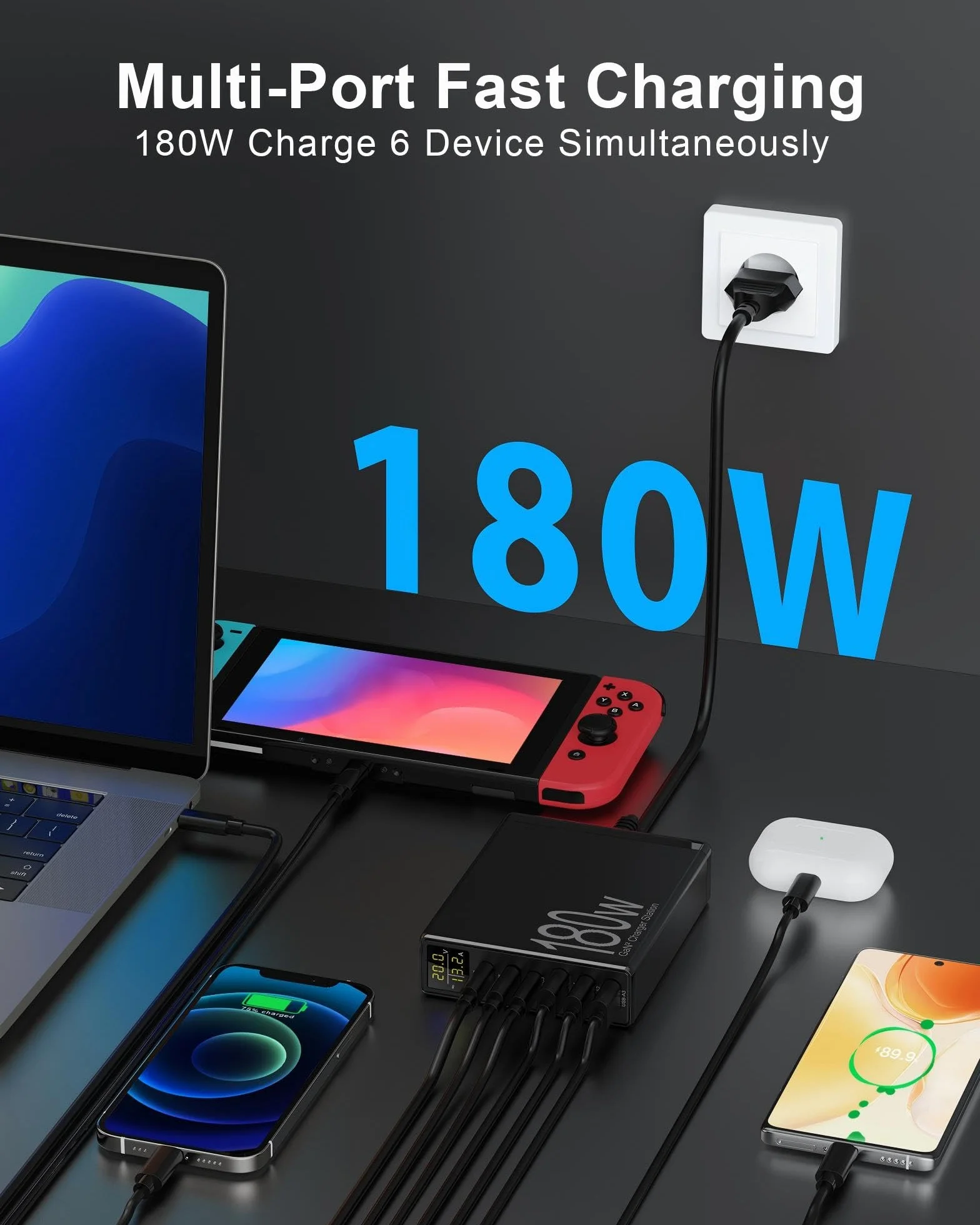 Ładowarka USB, wielokrotna, 180 W, 6 portów, do MacBooka, iPada, iPhone 16/15/14/Pro/Max, Samsung Galaxy S23, stacja ładująca USB, z ekranem LCD, zasilacz USB C, ładowarka GaN USB C szybka