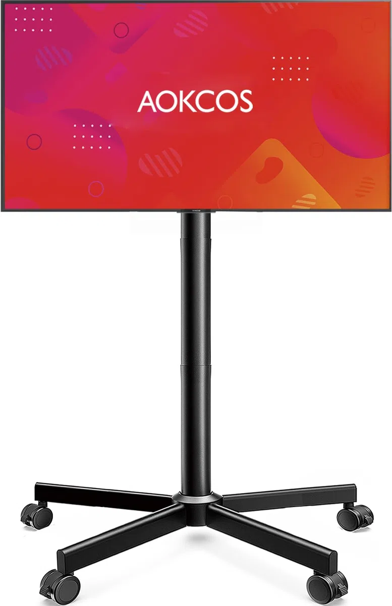AOKCOS Stojak na telewizor z rolkami do 32-65-calowych telewizorów, wózek TV z tacą, stojak na telewizor z regulacją wysokości, mobilny stojak na telewizor na rolkach, wózek TV do 40 kg, maks. VESA