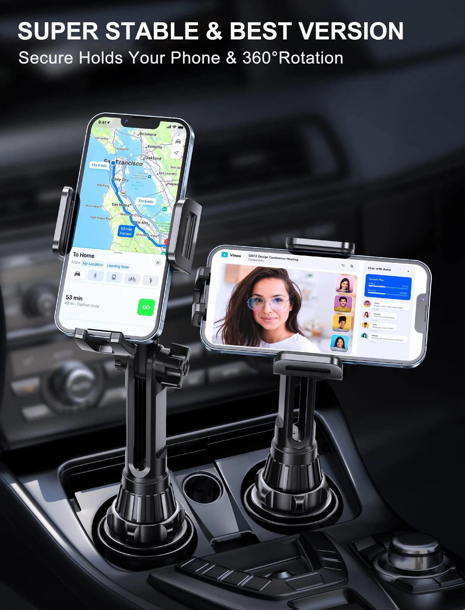 Uchwyt na kubek Uchwyt na telefon, [Bez wstrząsów i drążka z regulacją wysokości] Uchwyt na telefon do samochodu, podstawka na telefon komórkowy do iPhone iPhone iPhone 14, Samsung i innych