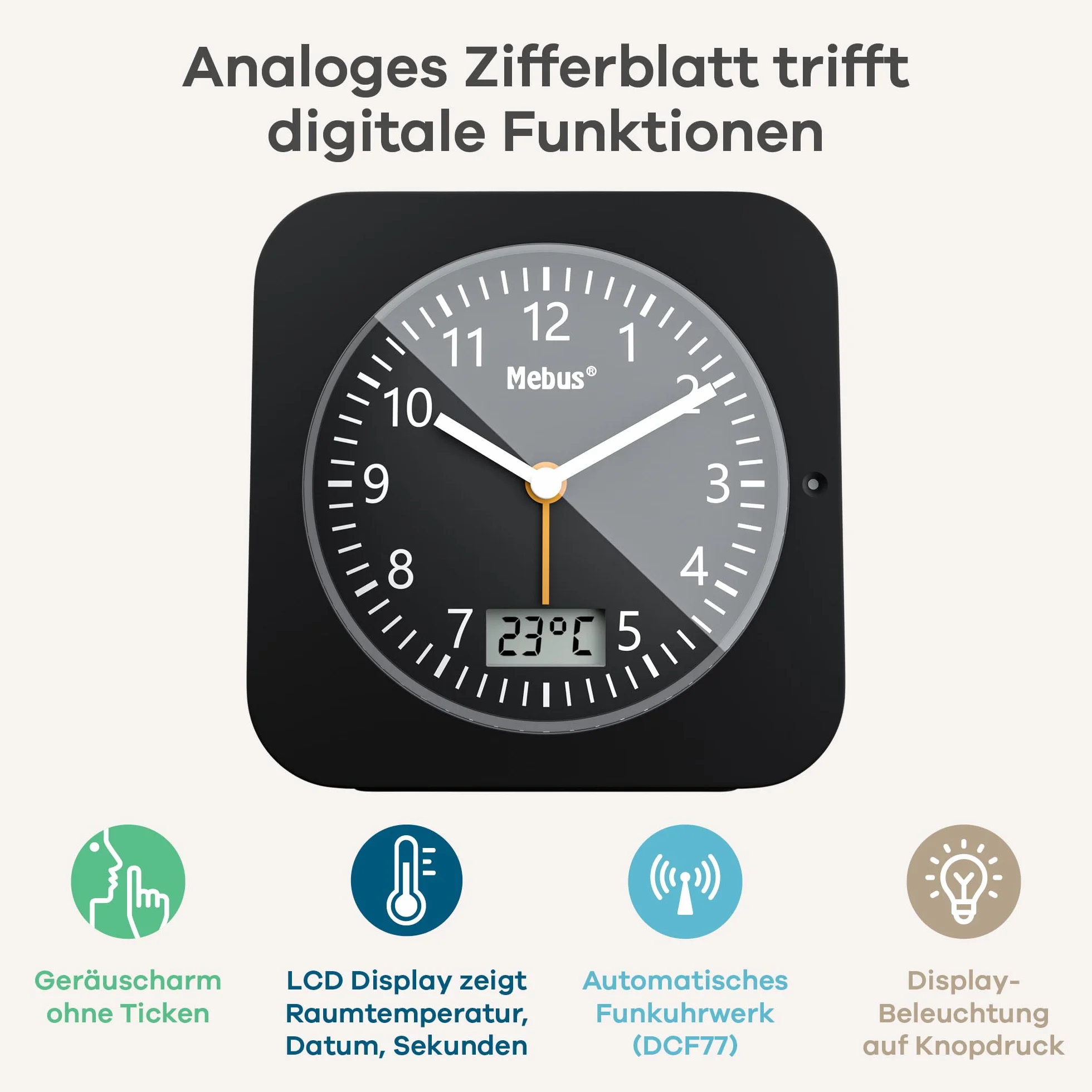 MEBUS Funk-Wecker mit Thermometer/Datumsanzeige, Schlummerfunktion, großes Display/Quadratisch/Hintergrundbeleuchtung/Farbe: Schwarz/Modell: 25609