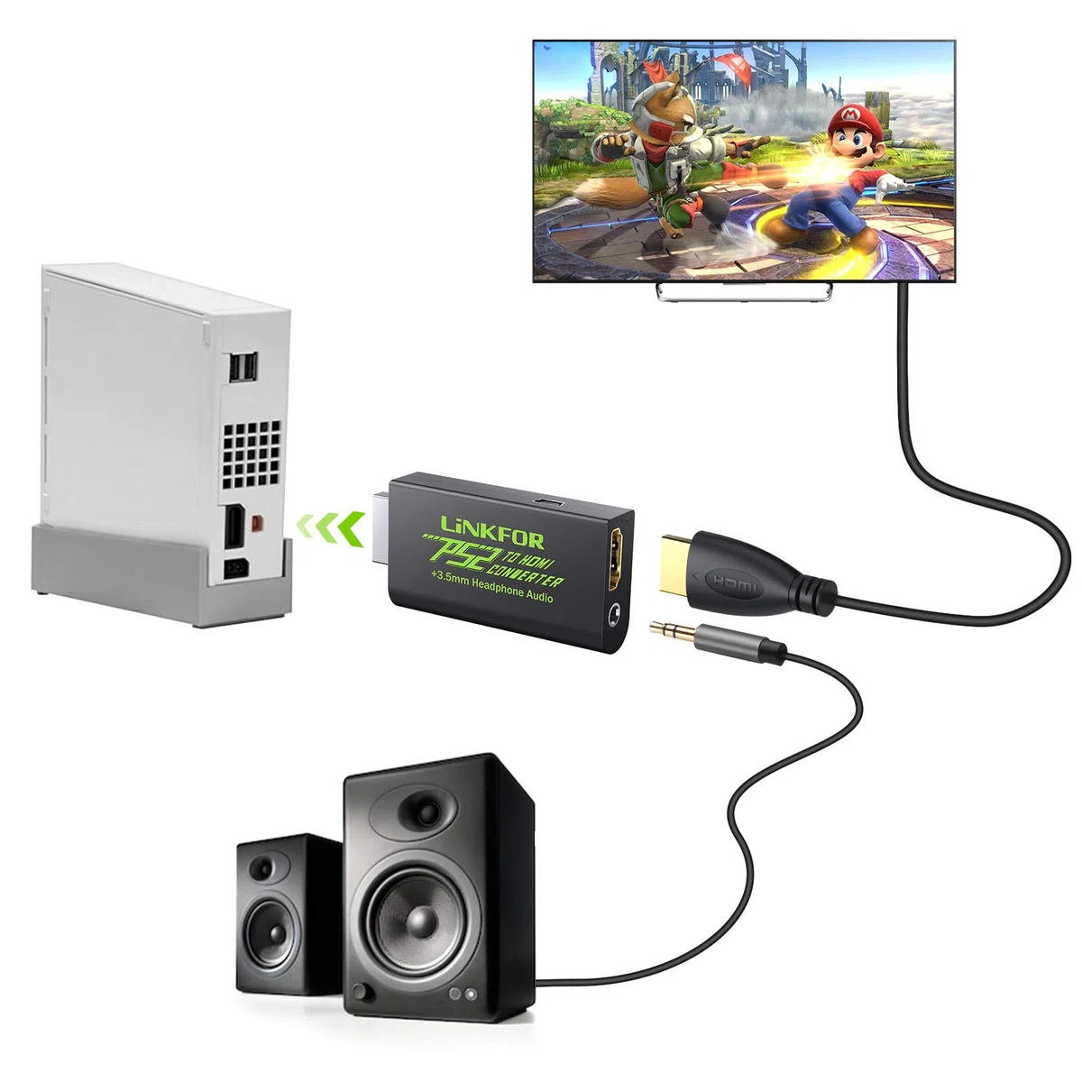 LiNKFOR Konwerter PS2 na HDMI wideo i adapter audio do słuchawek 3,5 mm z kabelem HDMI 1 m kompatybilny z monitorami HDTV