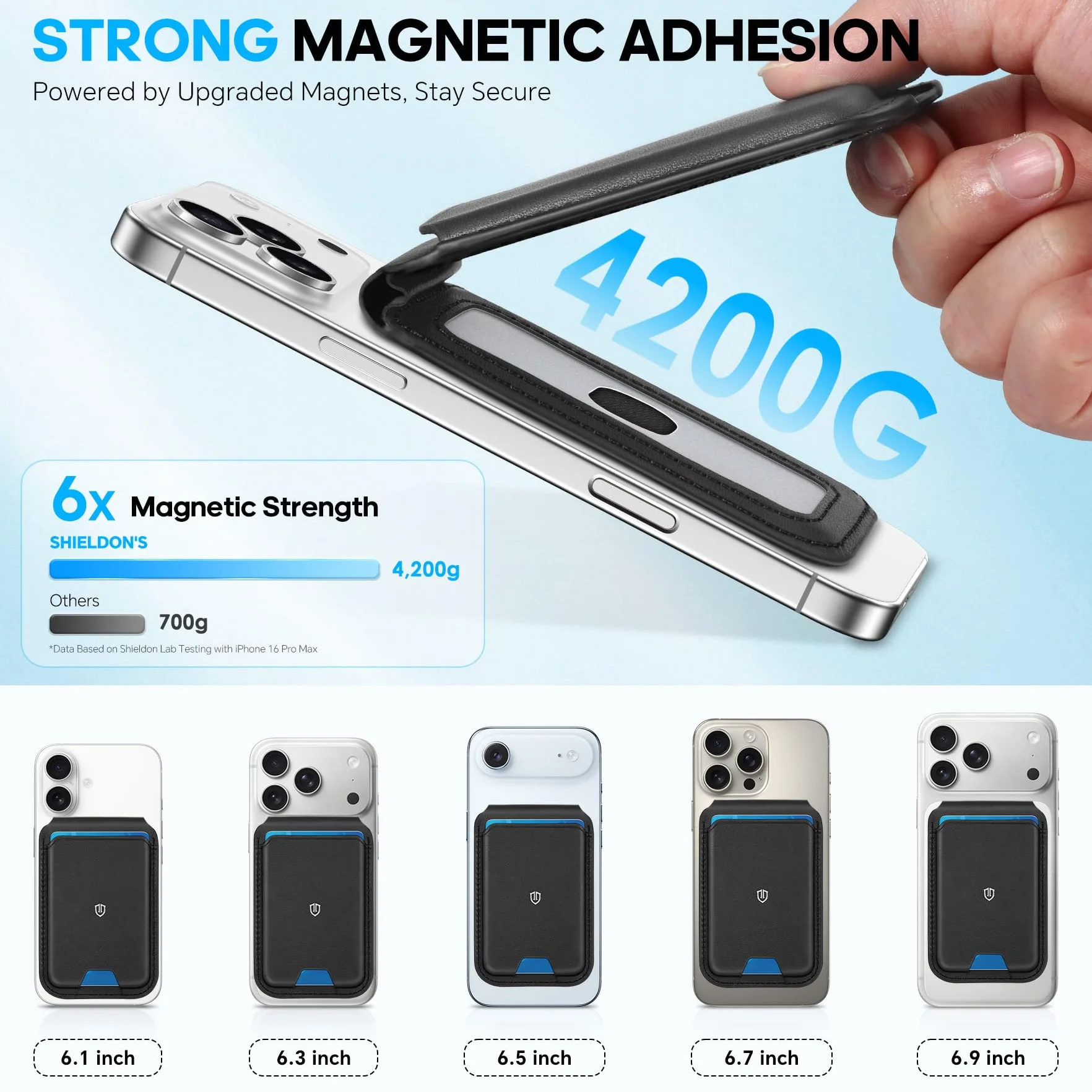 SHIELDON Prawdziwa Skóra Magnetyczny Uchwyt na Karty, Blokada RFID i Okienko na Dowód Osobisty, Mieści 6 kart, Magnetyczny Stojak na Portfel do iPhone 17/16/15/14/13/12 Series - Czarny