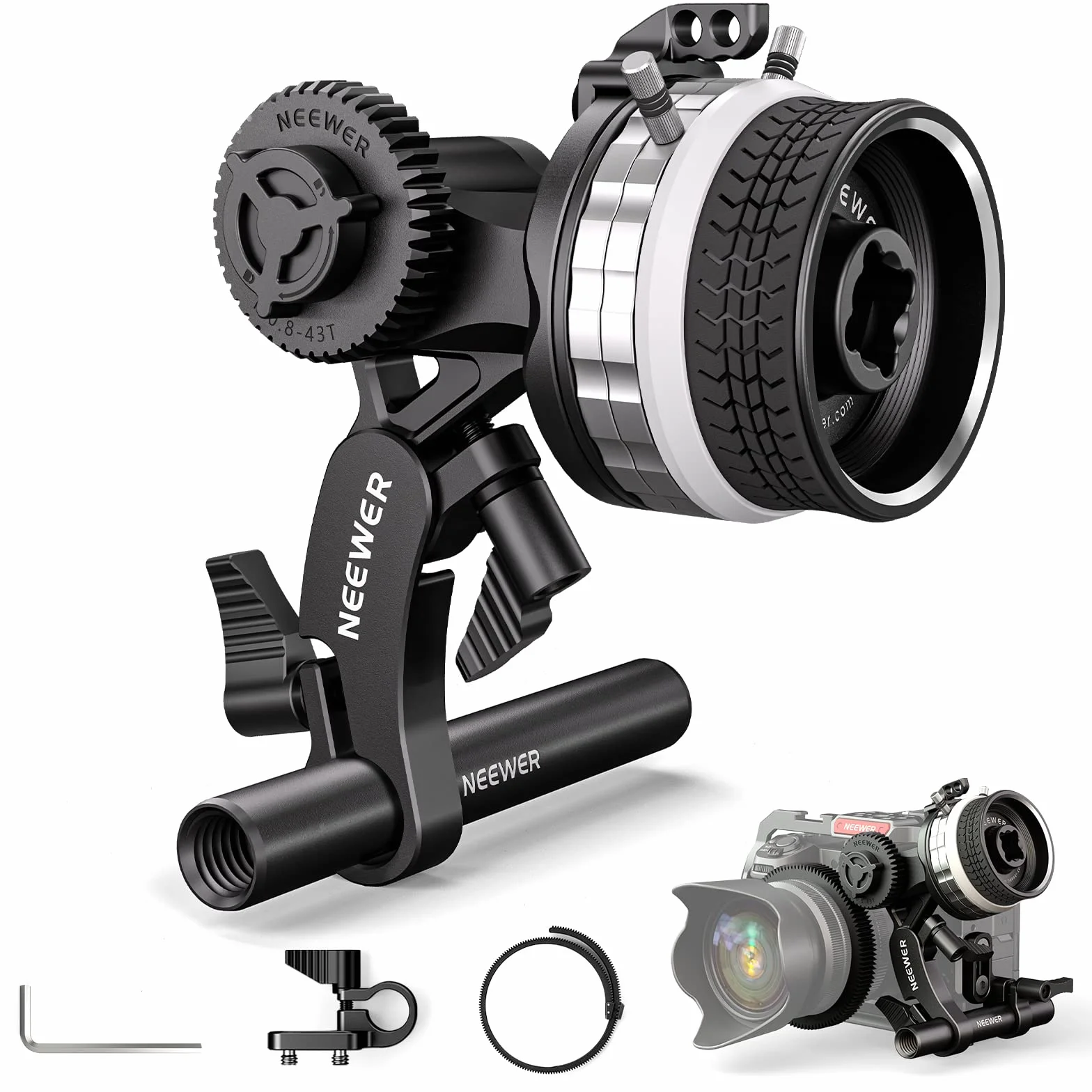 NEEWER Mini Follow Focus z ogranicznikami A/B, zębatką obiektywu, prętem 15 mm i zaciskiem drążkowym do kamery filmowej, lustrzanki cyfrowej/aparatu bezlusterkowego, kompatybilna z obiektywem o