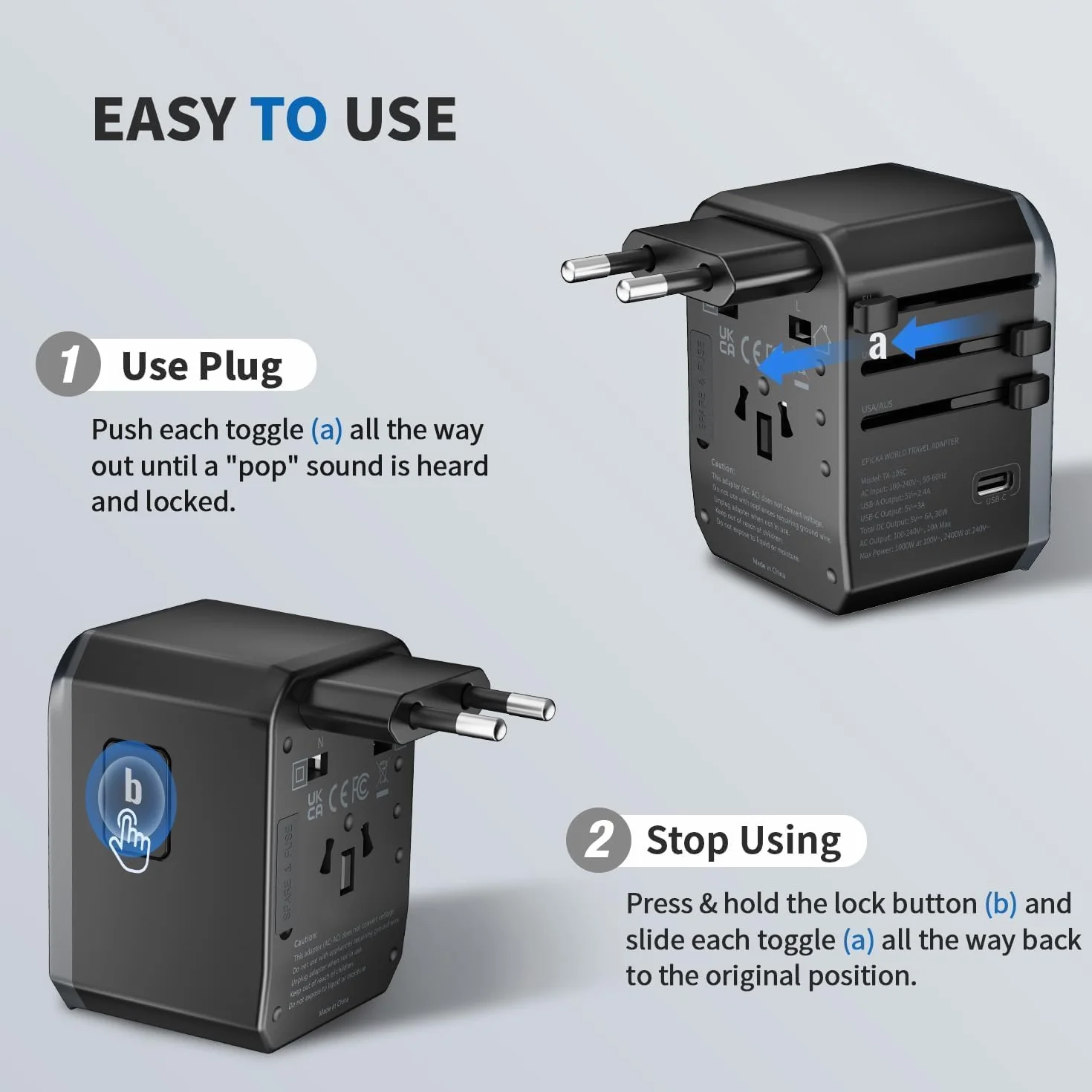 EPICKA Uniwersalny Adapter Podróżny, Adapter Podróżny na Całym świecie, Uniwersalny Adapter z 3 USB-C, 2 USB-A, Międzynarodowy Adapter do Gniazdk do Niemiec, USA, Tajlandii, Australii, Czarny