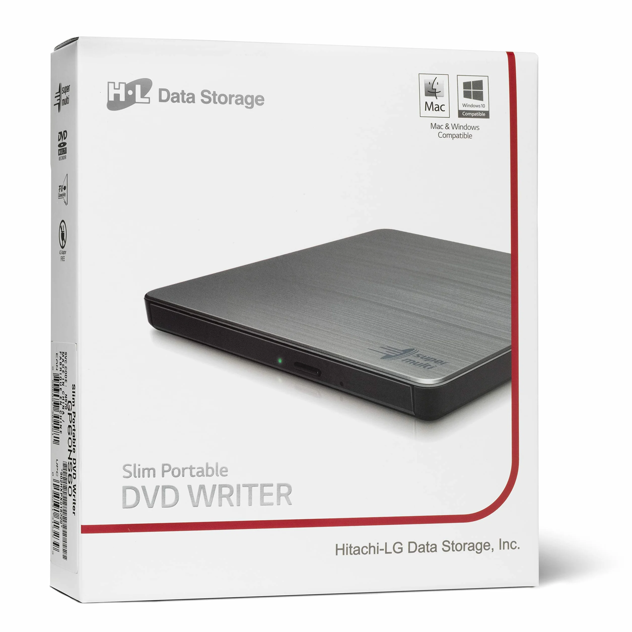 Hitachi-LG GP60 External DVD Drive Slim Portable Burner Writer Player USB 2.0 8x Speed Silver