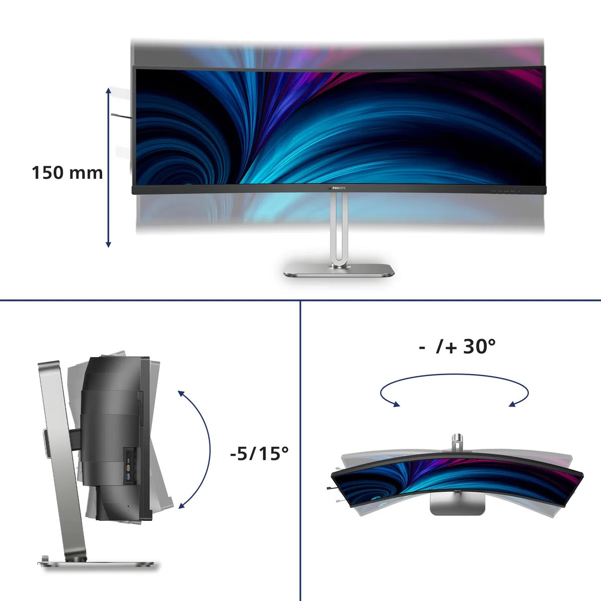 Philips 49B2U5900C Monitor 124.0 cm DQHD zakrzywiony, 75 Hz, RJ45, VA Panel, 4ms GtG, Adaptive Sync, HDR400, regulacja wysokości, głośniki (5120 x 1440 HDMI 2 x 2.0 DP USB Hub) ciemnoszary