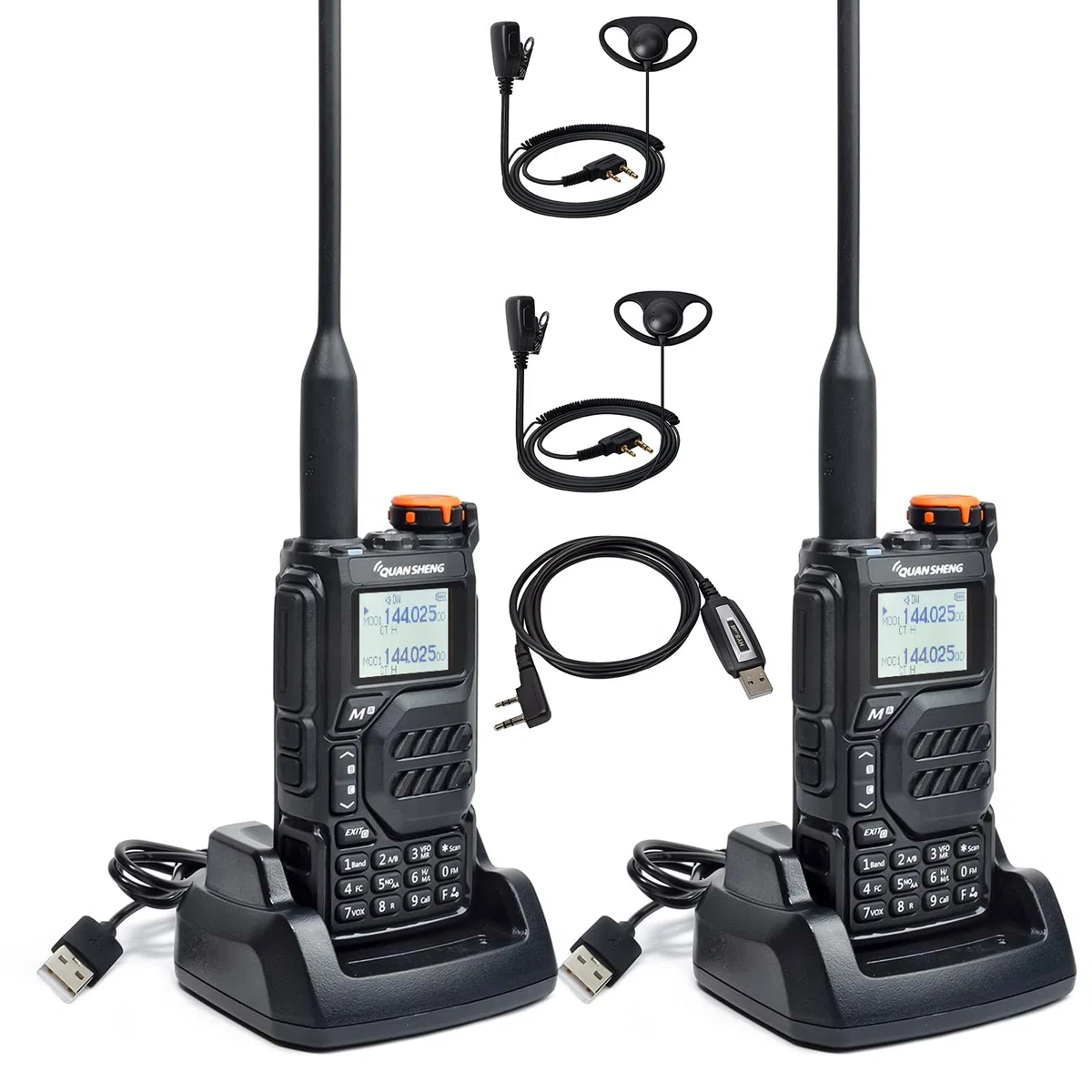 QUANSHENG UV-K5 Walkie Talkie dalekiego zasięgu ze słuchawkami i kablem do programowania VHF UHF 200 kanałów, przenośne radio ładowalne, profesjonalne AM/FM/DTMF, VOX, częstotliwość kopiowania, pogoda