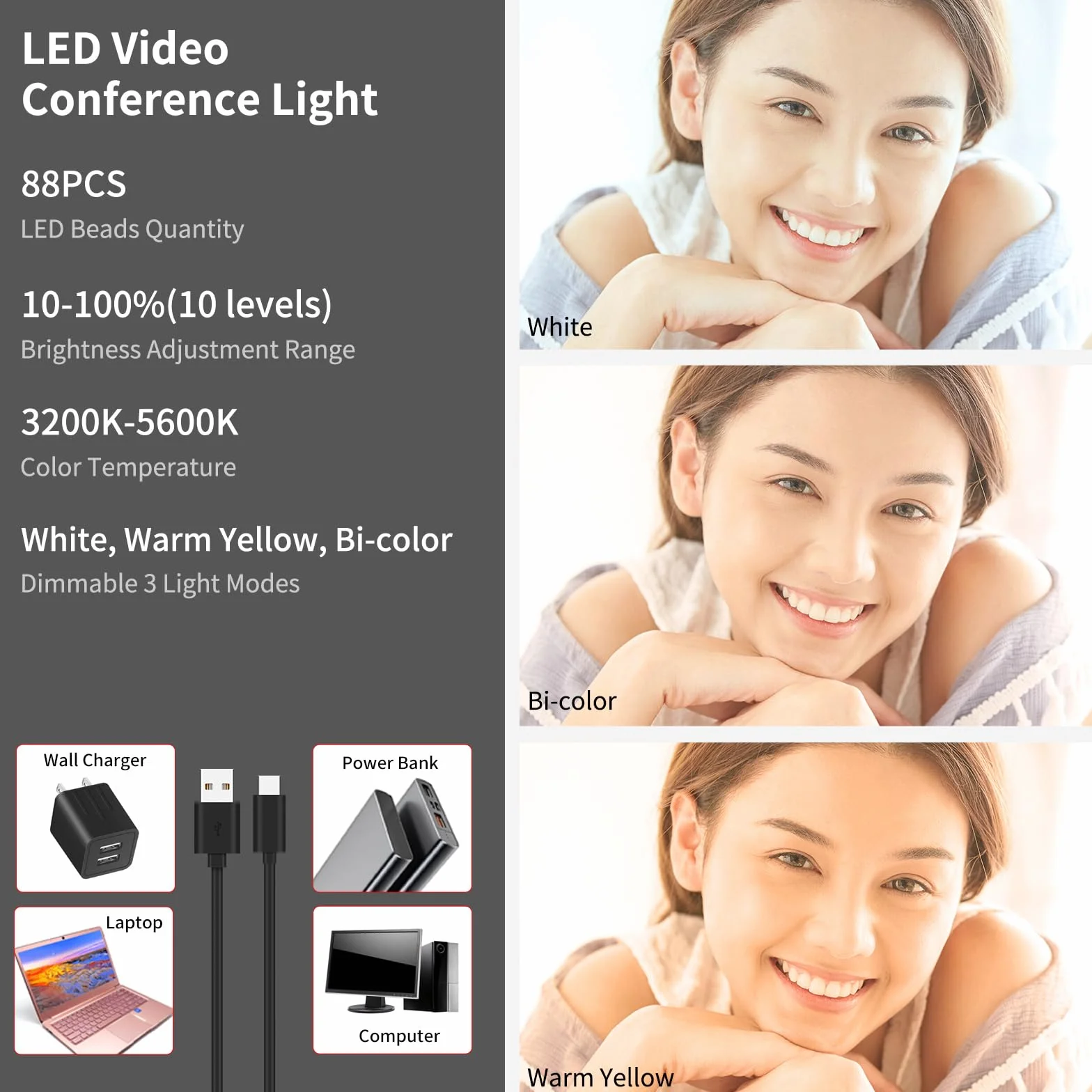 Newmowa Lampa LED do Selfie z Inteligentnym Czujnikiem, 3 Tryby Oświetlenia i 10 Poziomów Jasności, 2000mAh Akumulatorowa Lampa Wideo z Klipsem do Telefonu/iPhone/Laptopa/Aparatu/Wideokonferencji