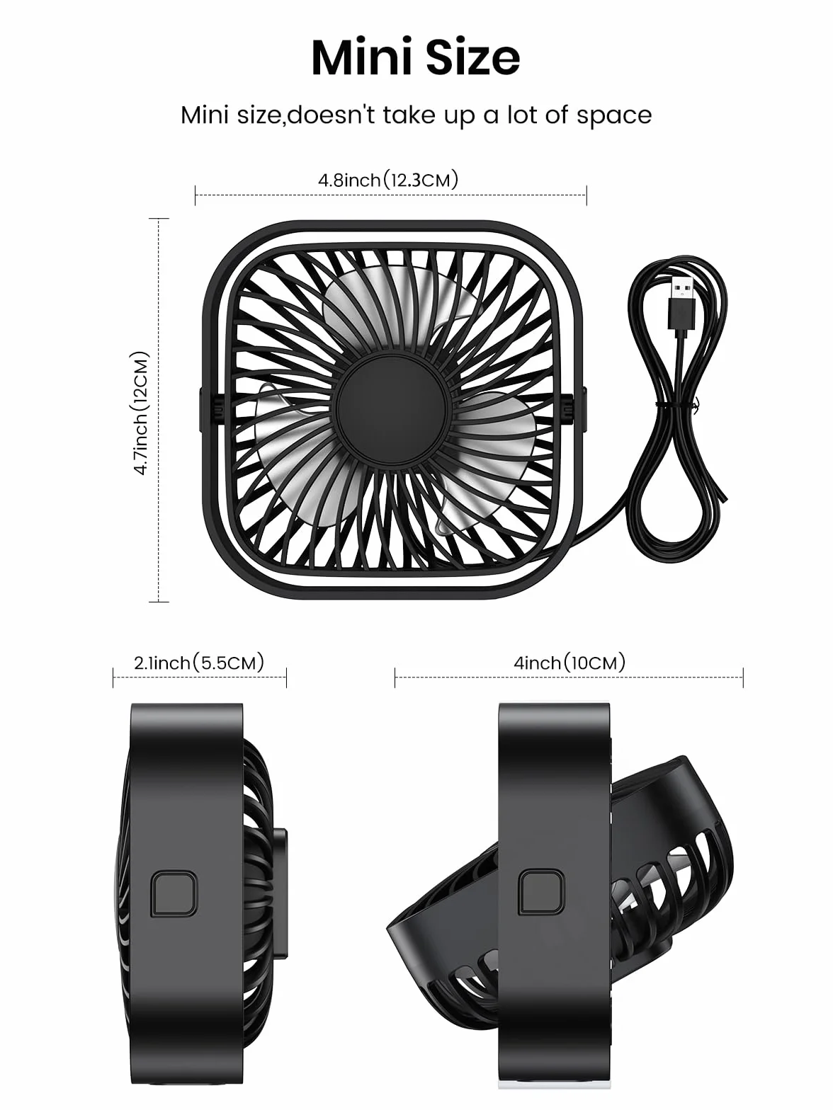 TOPK Wentylator biurkowy USB, [2 Sztuki] Silny przepływ powietrza i cicha praca, 3-biegowy wiatr, obracany o 360°, do domowego biura i biurka [Bez baterii,Zasilany przez USB]