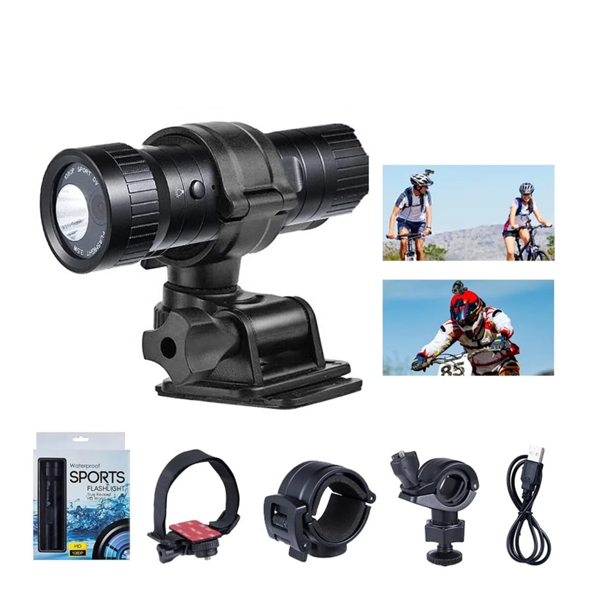 Kamera akcji, Kamera akcji DV3000 HD 1080P motocykl kask rowerowy wodoodporna kamera sport DV latarka wideo kamera na deskę rozdzielczą na rower samochodowy Płynna stabilizacja(Camera Add 32G)