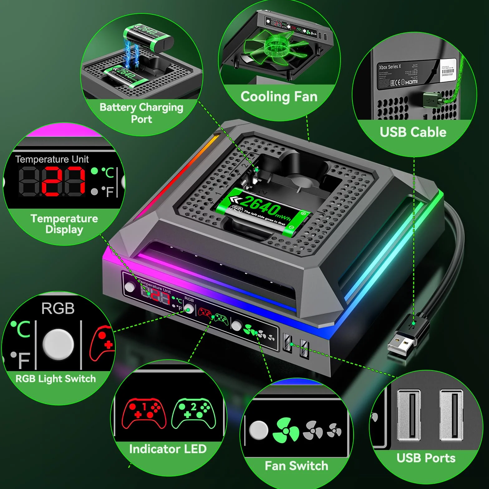 Tokluck Wentylator do konsoli Xbox Series X ze światłem RGB, stacja ładująca z 2 x 2640 mWh Xbox Controller akumulator do Xbox Series/One-X/S/Elite, chłodnica Xbox Series X z 2 portami USB do