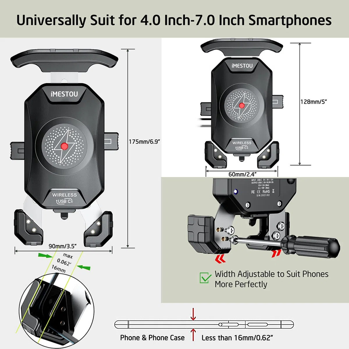 iMESTOU Antykradzieżowy bezprzewodowy uchwyt z ładowarką do telefonu na motocykl 15W i USB C 3A na kierownicę z trzpieniem kulowym 1" - uchwyt na telefon współpracujący z gniazdem pojazdu/USB 12V/24V