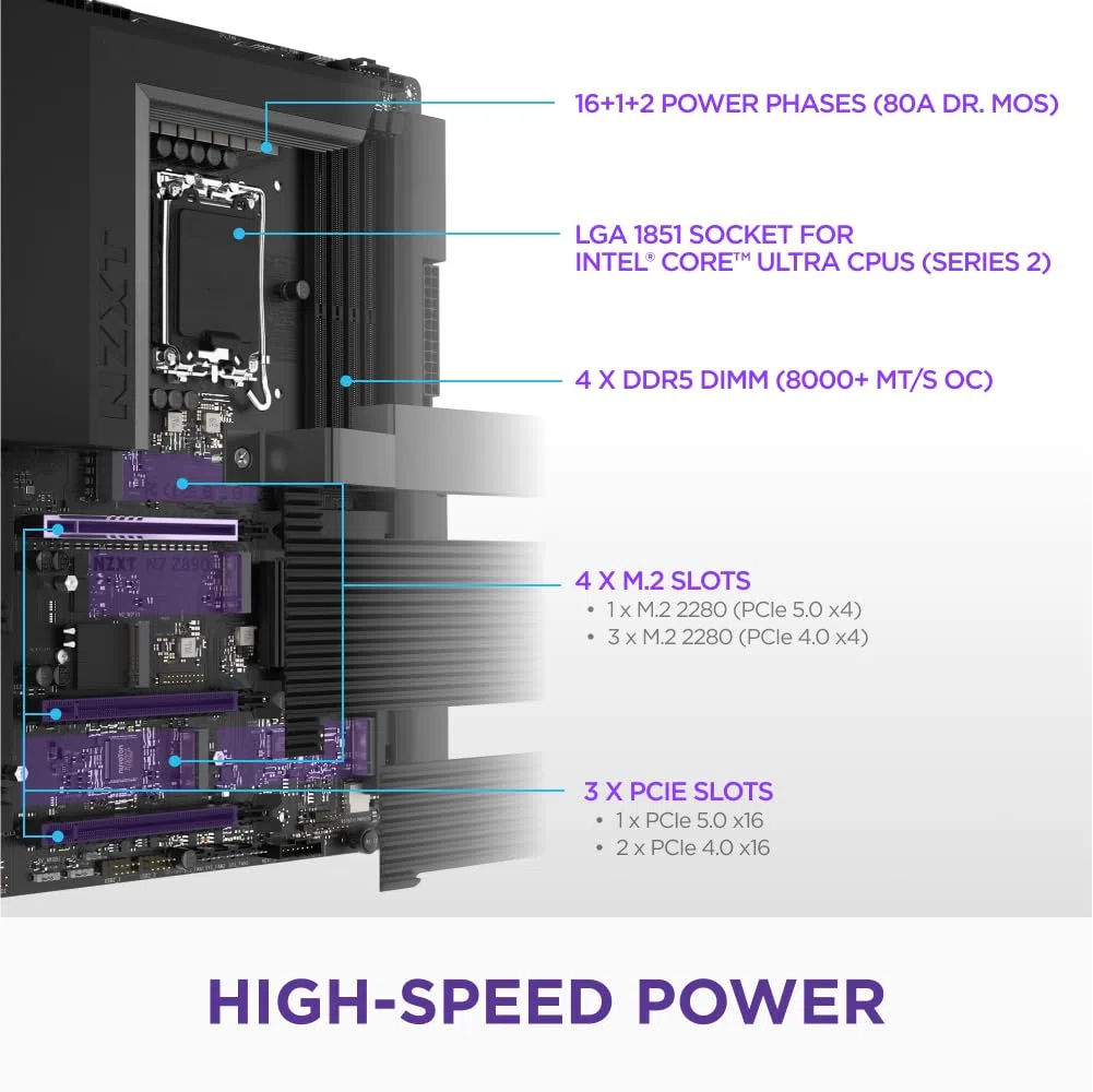 NZXT N7 Z890 - Płyta Główna ATX Intel Z890 LGA 1851 - Czarny | Płyta główna Intel Z890 ATX pod Core Ultra Series 2. Wi-Fi, PCIe 5.0, DDR5 i pełna metalowa osłona RGB. Czysta, mocna baza.