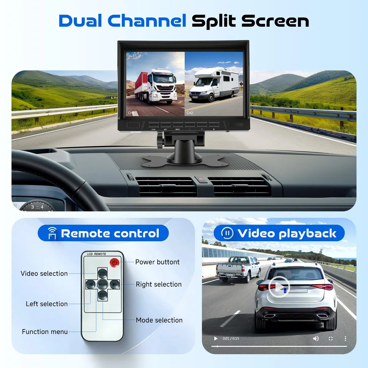 Hodozzy Kamera cofania, zestaw 2 kamer z monitorem IPS 1080p, 7", widoczność w nocy, IP69, wodoszczelna podwójna kamera cofania, kabel 12 V, 24 V, stabilny sygnał, kamera cofania do samochodu
