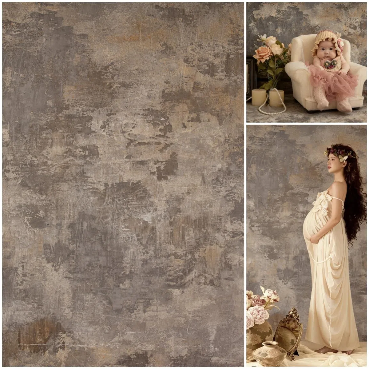 WaW tło fotograficzne materiał 2 x 3 m, szary, brązowy, shabby motled beton, studio fotograficzne, tło fotograficzne, rustykalny portret vintage, sesja zdjęciowa