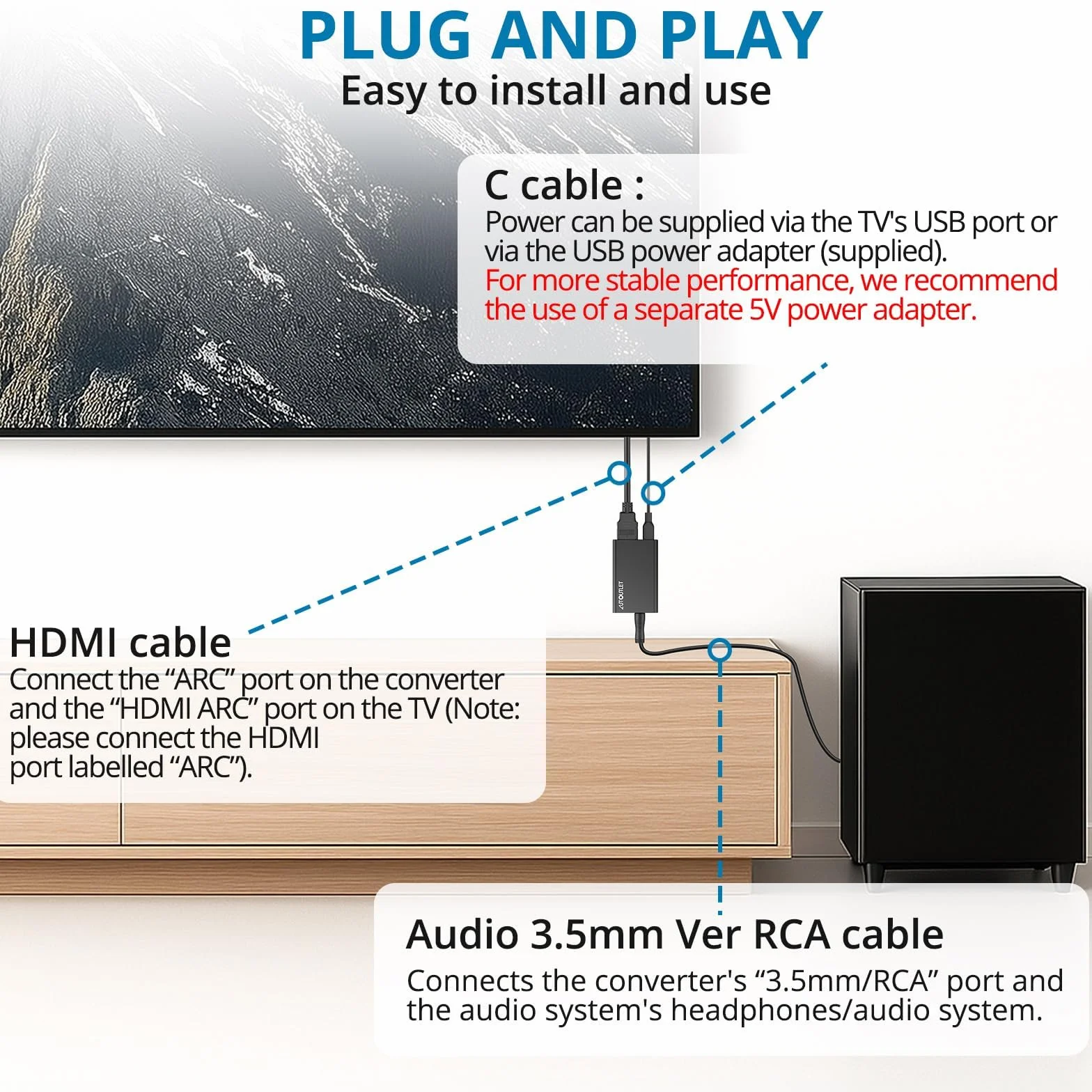 AUTOUTLET Ekstraktor audio HDMI ARC, 192 kHz HDMI Audio Splitter 3,5 mm stereo wyjście audio, adapter ARC z kablem 1M 3,5 mm do RCA, do wzmacniacza, soundbara, systemu kina domowego itp