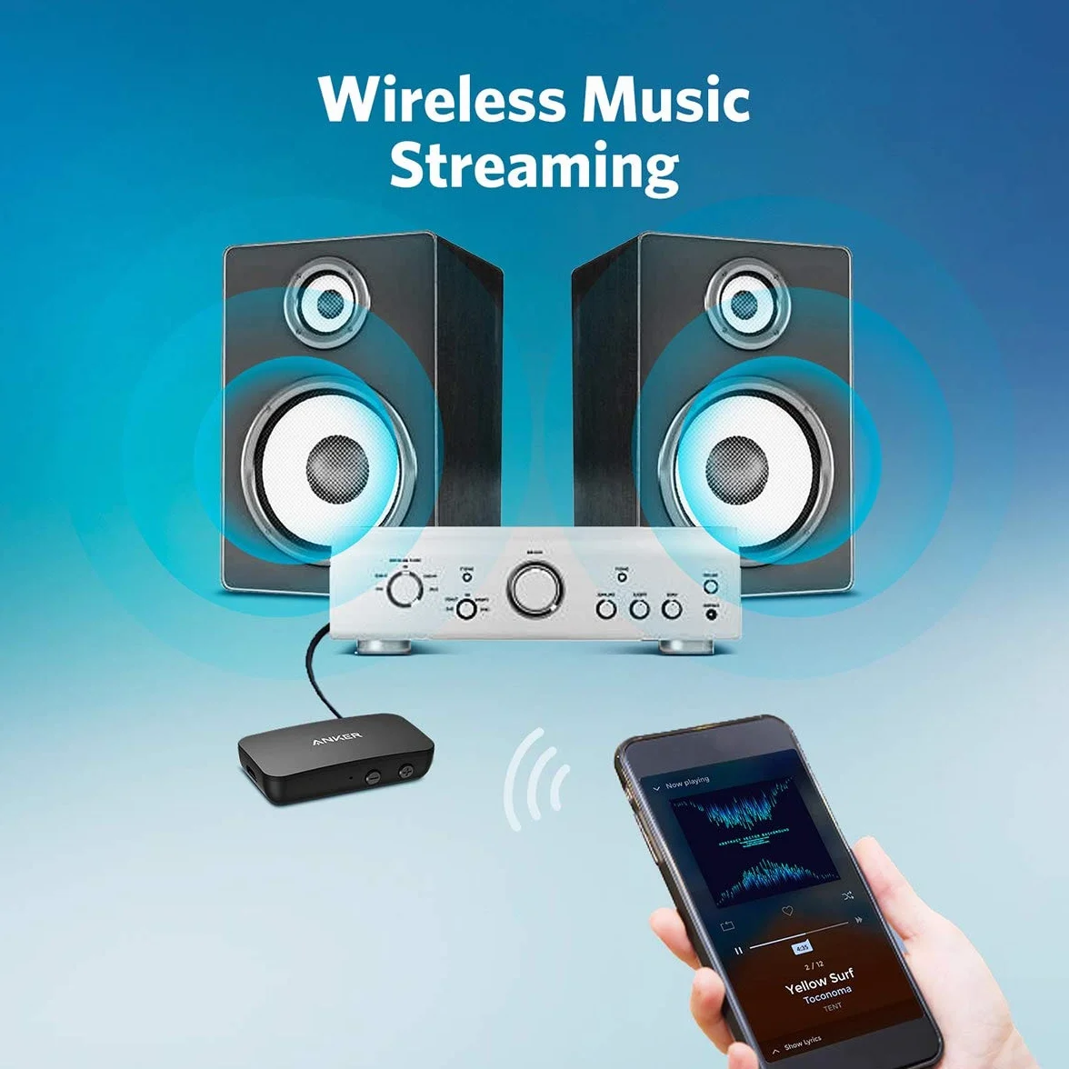 Soundsync Anker Odbiornik Bluetooth do strumieniowego przesyłania muzyki z Bluetooth 5.0, 12-godzinny czas pracy baterii, rozmowy w trybie głośnomówiącym, do samochodu, słuchawki, głośniki