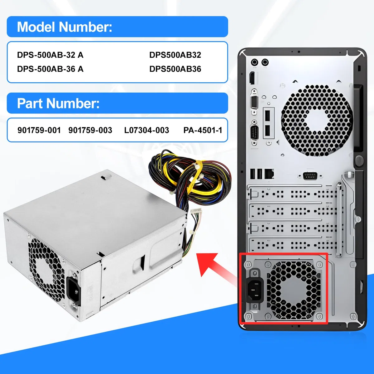 S-Union L05757-800 zasilacz przełączający 500 W kompatybilny z HP EliteDesk Z2 G4 800 880 600 G3 G5, model L05757-800 DPS-500AB-32 A, 795-0003UR 901759-011759-011759-01759-011759 3 zasilacz biurkowy