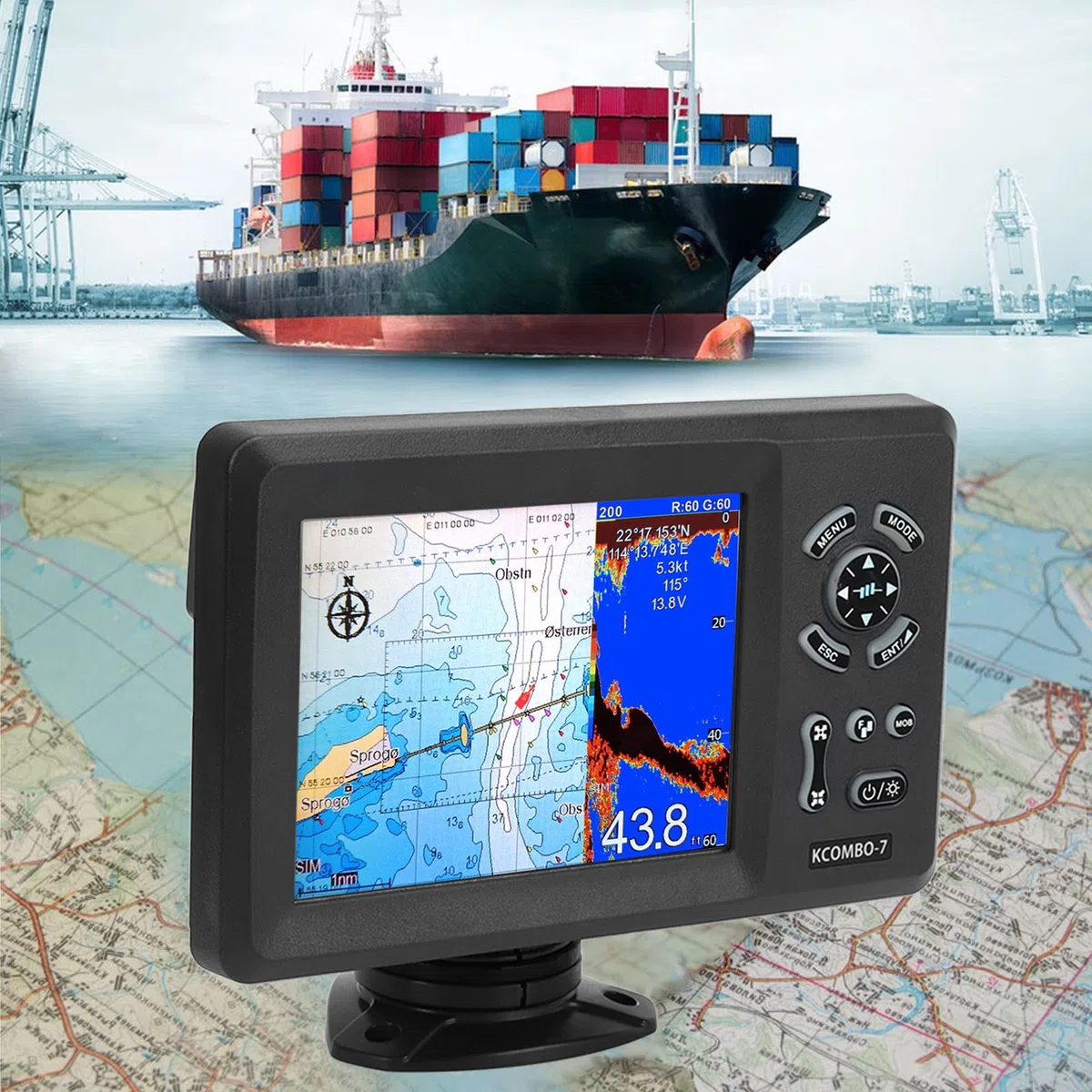 Pozycjoner Nawigacji GPS, 7-calowy Ploter Morski Wbudowany Wykrywacz Ryb Kolorowy Wyświetlacz LCD Podzielony Ekran Stopień Ochrony IP66 Lokalizator Nawigacji łodzi