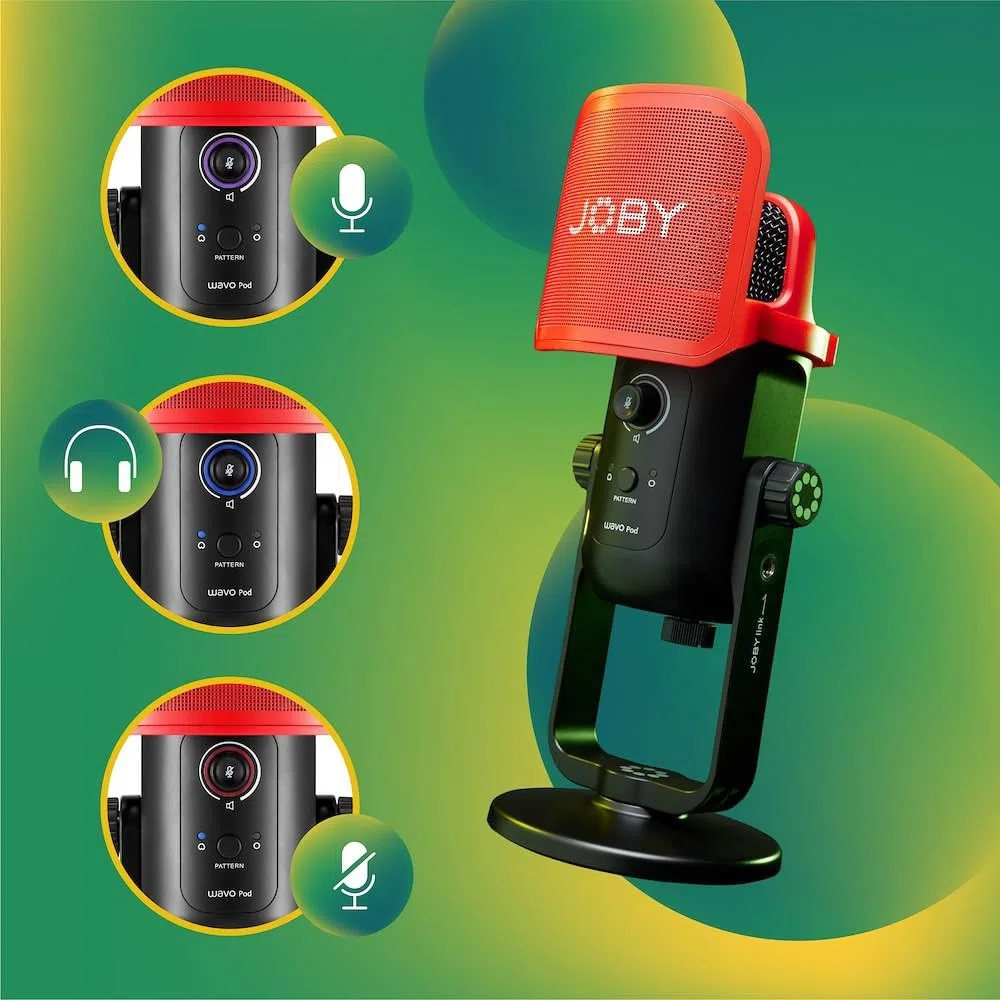 JOBY Wavo POD Mikrofon pojemnościowy z połączeniem USB, mikrofonem do przesyłania strumieniowego, podcastu, wywiadu, wyciszenia i wzmocnienia przez Micro USB, możliwość powrotu przez słuchawki,