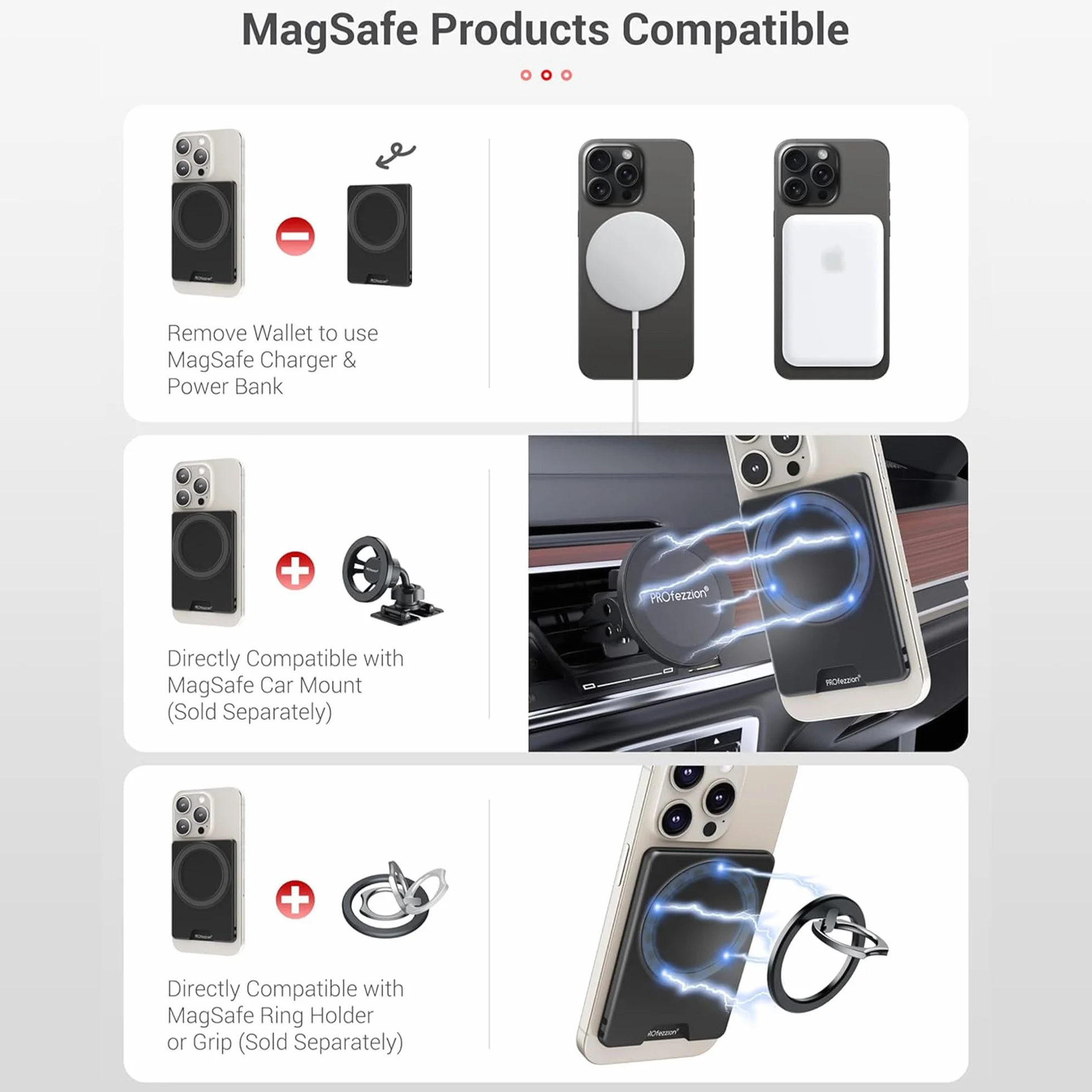 PROfezzion Dwustronna Magnetyczna Portmonetka Etui na 2 Karty Kompatybilny z MagSafe iPhone 16/15/14/13/12 Pro Max Plus Czarny
