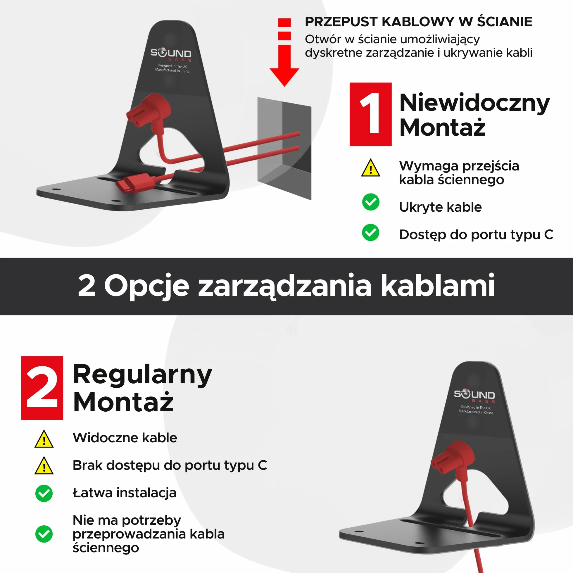 Sound Bass ERA300 Uchwyt Ścienny, Niski Profil, Czarny, Zestaw Podwójny, Kompatybilny z Głośnikiem Sonos ERA 300, Kompletny ze Wszystkimi Elementami Montażowymi