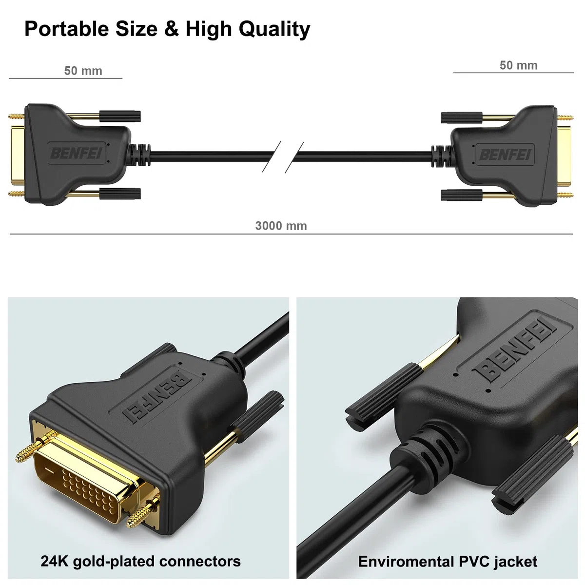 BENFEI Kabel DVI na DVI, 3-metrowy kabel DVI-D 24+1, pozłacany kabel, obsługa podwójnego łącza, wysoka rozdzielczość 2560 x 1600 do gier, DVD, laptopa, HDTV