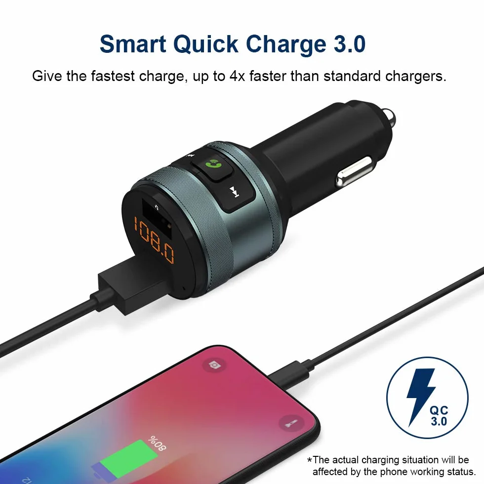 Zealife Transmiter Bluetooth FM Samochodowy QC 3.0 Bezprzewodowy Adapter Zestaw Głośnomówiący Ładowarka Dual USB 64 GB
