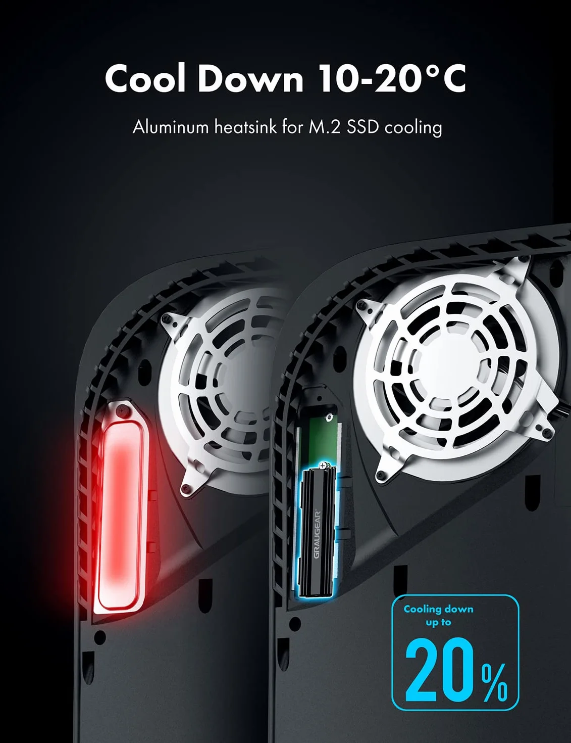 GRAUGEAR Radiator do M.2 NVMe SSD, zestaw chłodnicy Heatsink do Playstation5, PS5 Slim, z pokrywą odprowadzającą ciepło (aluminium)