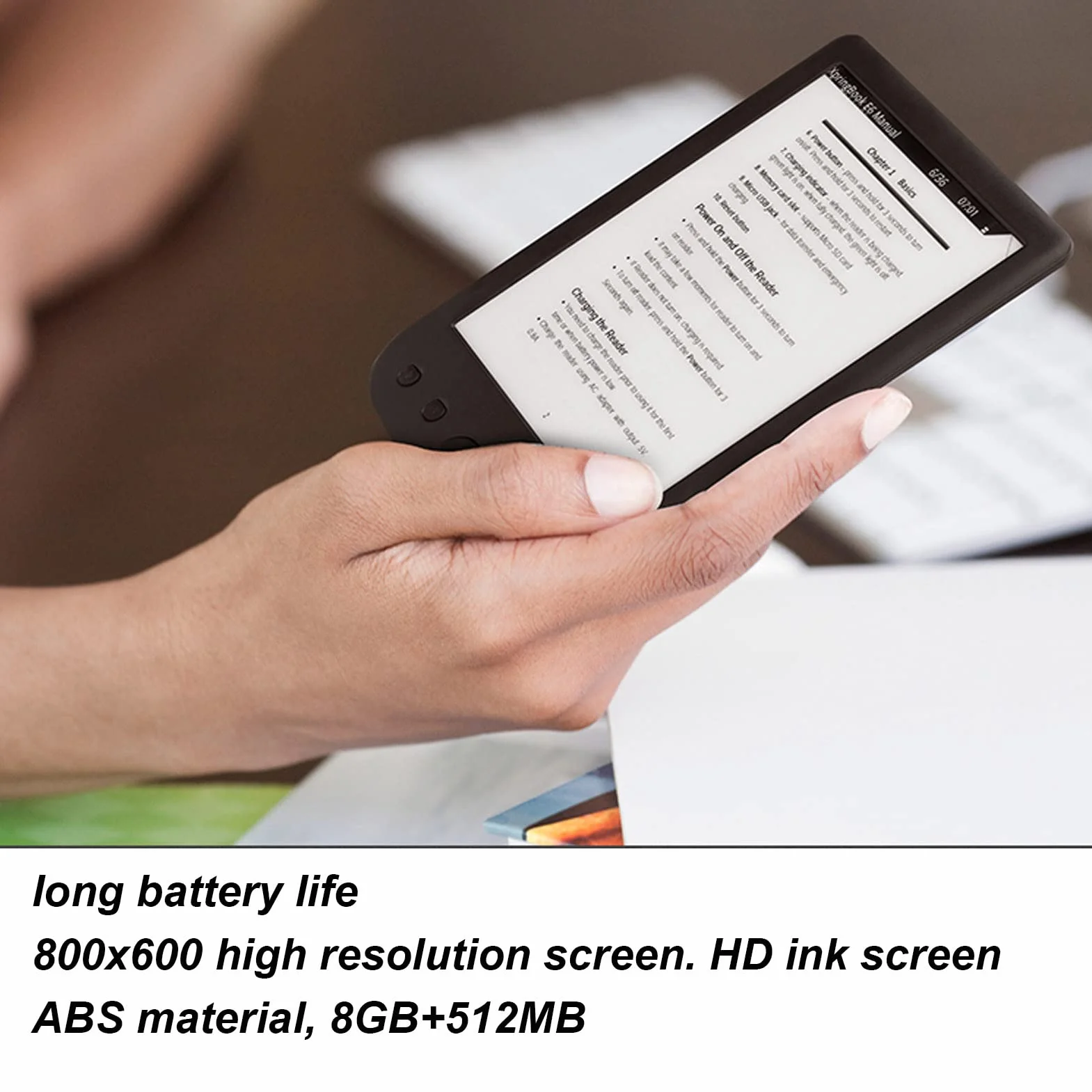 Ereader, 6-calowy Ekran Atramentowy 800x600 HD Czytnik E, Czytnik E-booków z ochroną Oczu z folią ochronną, pamięć 8 GB, Długa żywotność Baterii