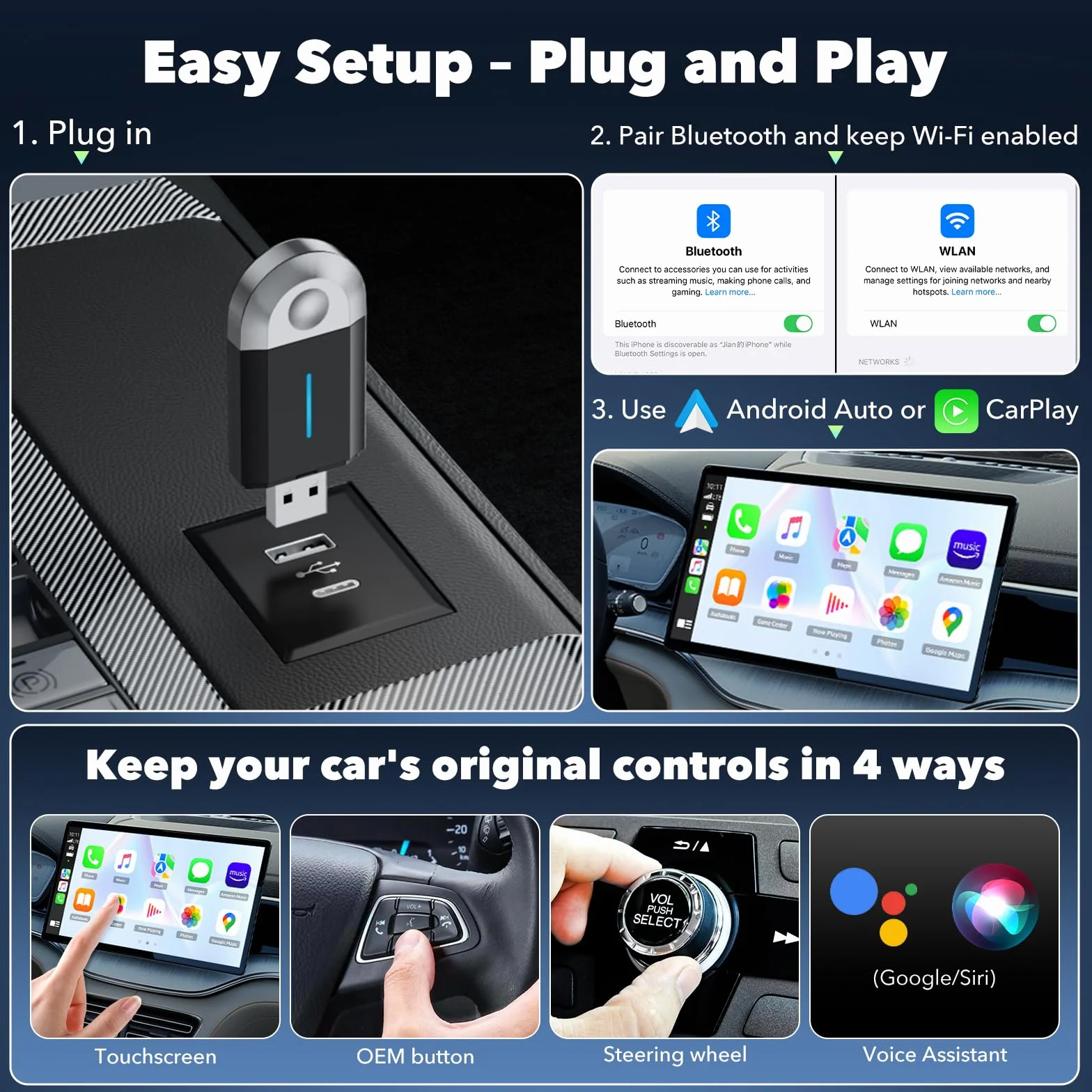LAMTTO 2-w-1 bezprzewodowy adapter CarPlay, mały bezprzewodowy adapter Carplay i Android Auto z USB-C/A, Plug & Play, stabilne połączenie, działa bez opóźnień dla iOS 10+/Android 11+ i samochodów od
