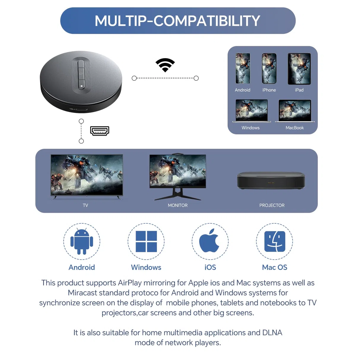 Bezprzewodowy adapter wyświetlacza HDMI – Miracast Dongle, DLNA, AirPlay, przesyłanie strumieniowe wideo/audio z laptopa, komputera, smartfona do telewizora HD, projektora, monitora