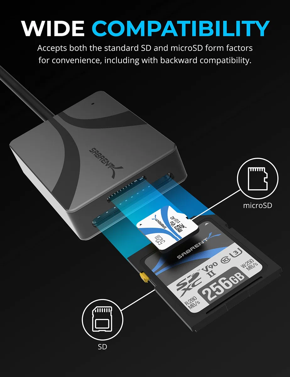 SABRENT Czytnik kart pamięci, czytnik kart USB typu C, podwójne gniazdo UHS II SDXC i microSDXC SD 4.0 5 Gb/s, aluminiowa obudowa, ultracienka, Plug and Play (CR-CSDM)