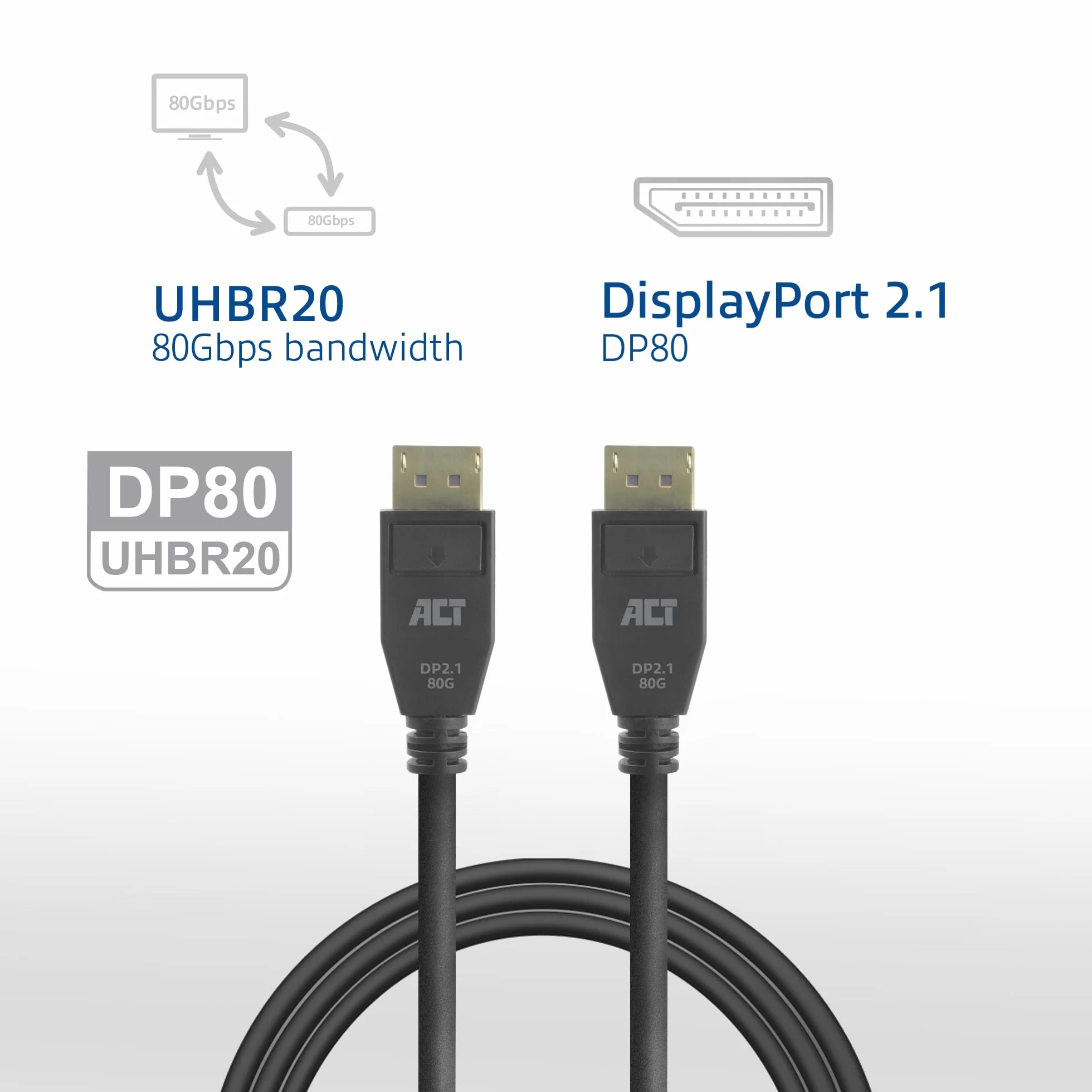 ACT DisplayPort 2.1 kabel, 3 m, 10 K 30 Hz/8K 60 Hz/4K 240 Hz, 80 Gbps UHBR20, DP80 - AK4083