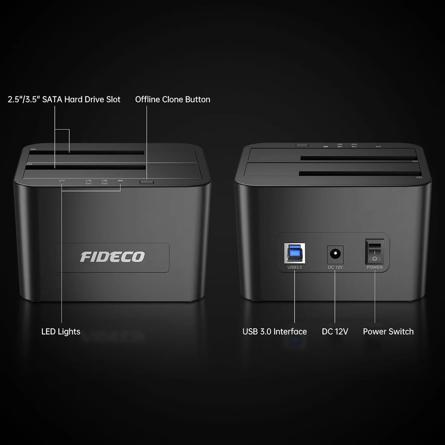 Fideco Stacja dokująca do dysków twardych, stacja dokująca USB 3.0, SATA, HDD dla 2,5 i 3,5-calowych dysków twardych SATA / SSD, podwójna zatoka, obsługuje klonowanie offline i UASP