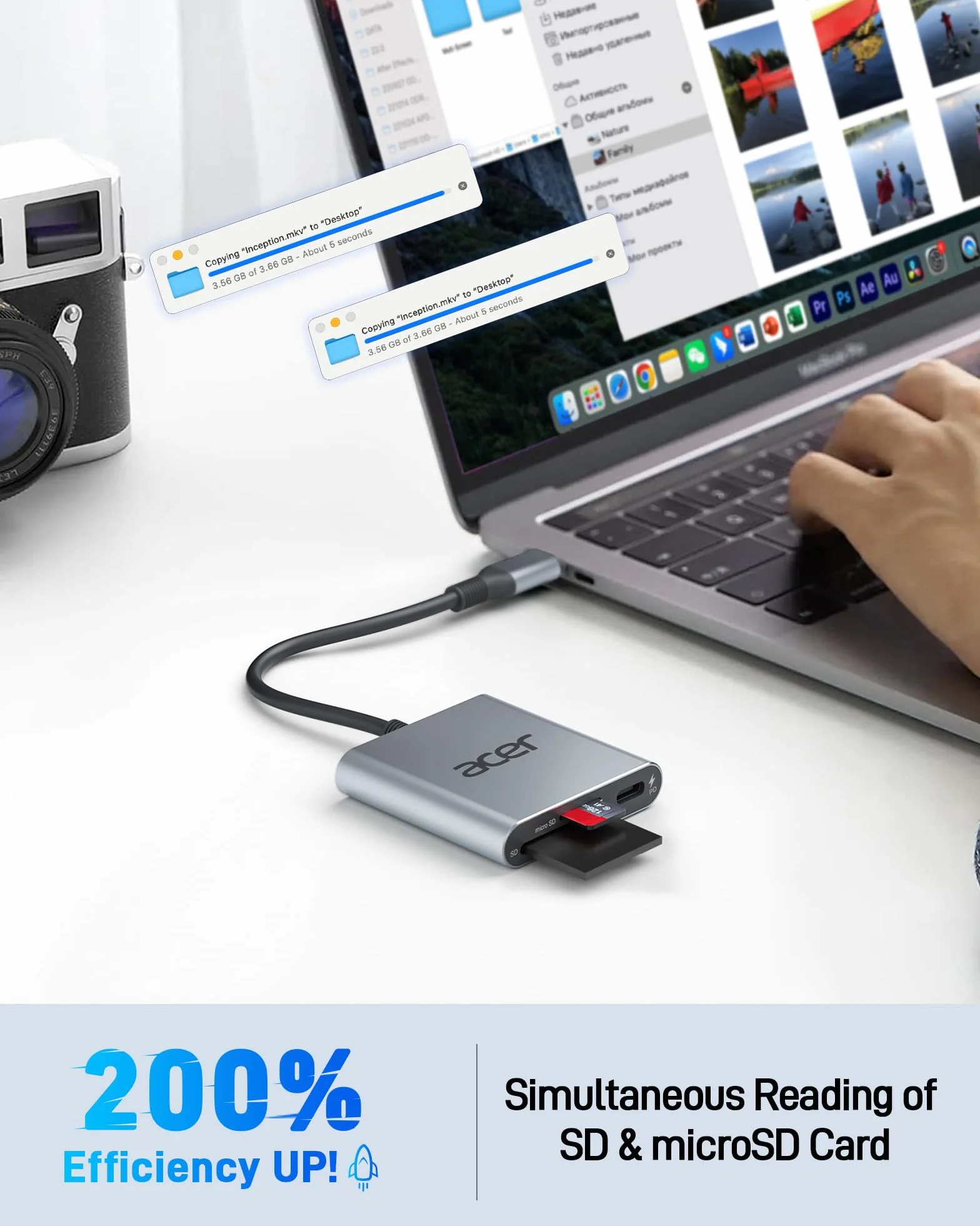 Acer Czytnik Kart SD 4.0 UHS-II Micro SD USB C Podwójny Adapter PD 100 W do MicroSD SDXC SDHC UHS-II UHS-I iPhone 15 16 Laptop