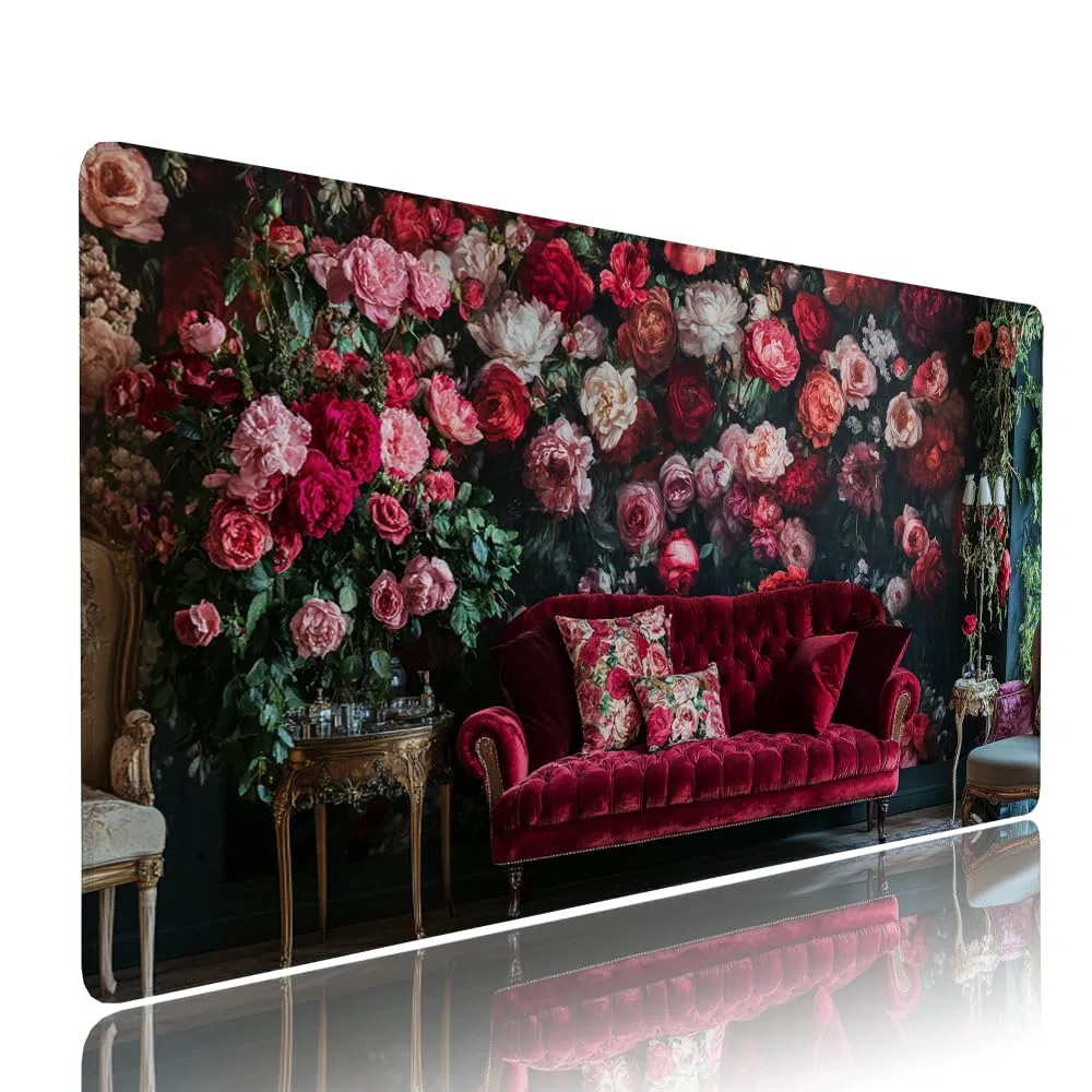 Czerwona podkładka pod mysz XXL akcesoria do gier podkładka na biurko duża podkładka pod mysz i klawiaturę kwiat akcesoria PC 1400 x 600 x 3 mm mata biurkowa biurkowa, z wodoodporną i antypoślizgową