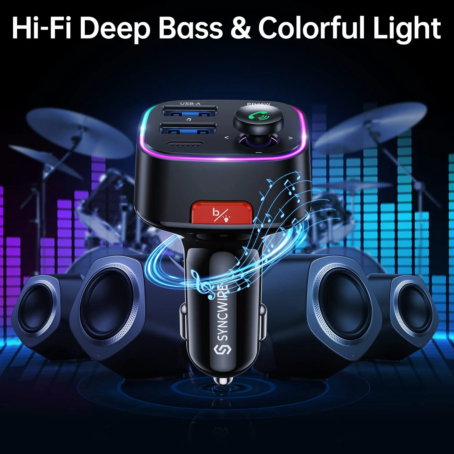 Syncwire Bluetooth 5.3 FM Nadajnik Samochodowy 48W Ładowarka Samochodowa Bezprzewodowy Odbiornik Radiowy Wyświetlacz LED USB