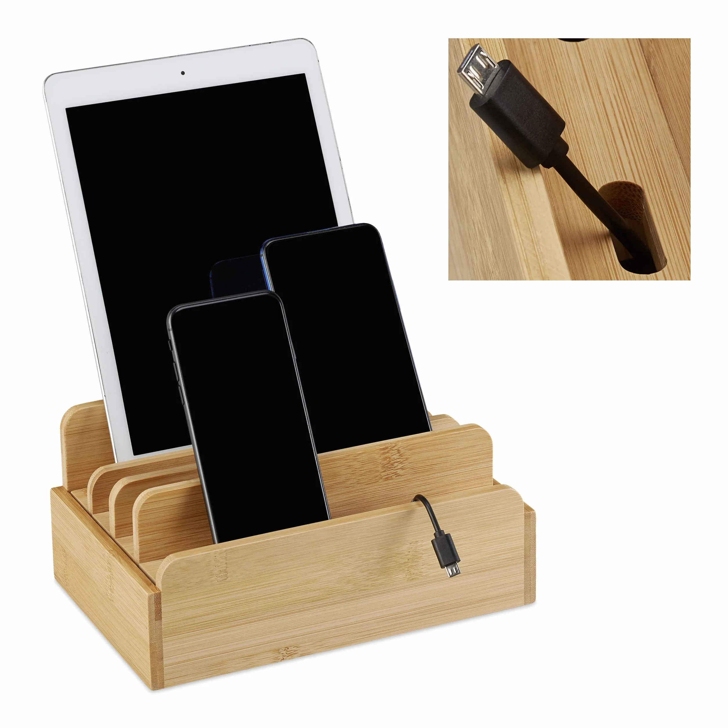 Relaxdays Bambusowa stacja ładująca, do wielu urządzeń, tabletów i smartfonów, organizer do skrzynki kablowej, wys. x szer. x gł.: 10 x 22,5 x 15, kolor naturalny