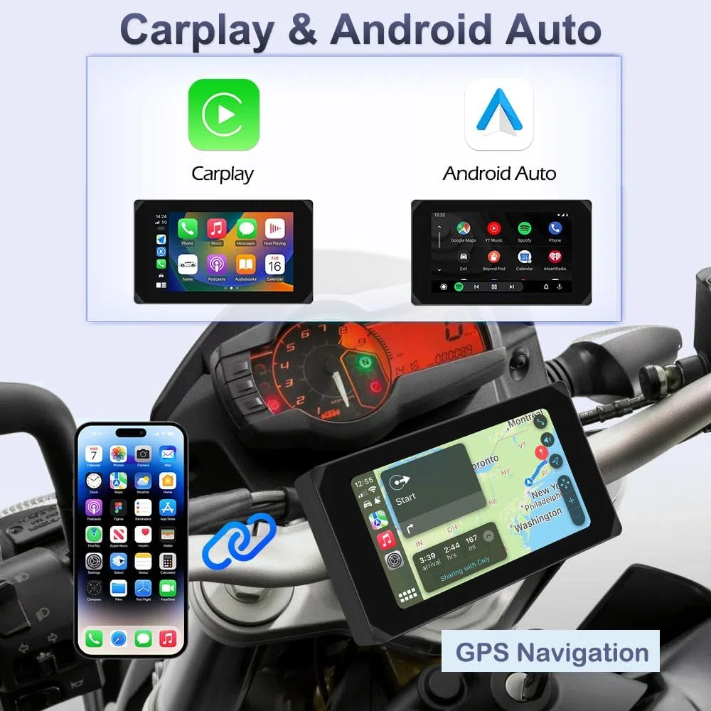VSYSTO bezprzewodowa kamera samochodowa CarPlay do motocykli z ekranem dotykowym 5", nawigacją GPS, monitorowaniem parkowania, WiFi, przednią i tylną kamerą 1080p oraz czujnikami ciśnienia w oponach