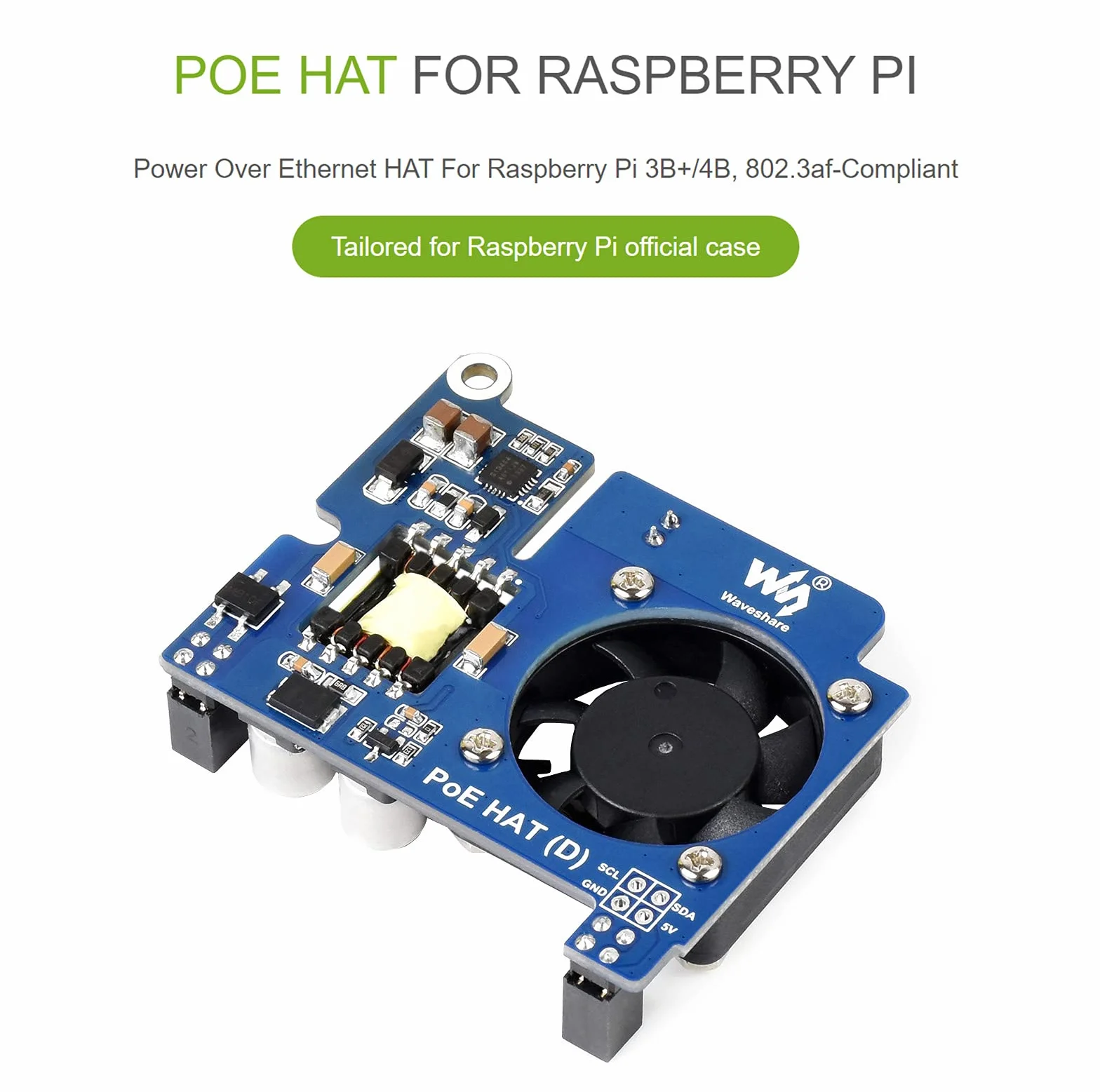 Waveshare PoE HAT (Power Over Ethernet) do Raspberry Pi 4B / 3B +, zgodność z IEEE 802.3af, wyjście DC 5 V 2,5 A, wentylator poE HAT, kompatybilny z oficjalną obudową Raspberry Pi 4B 3B+