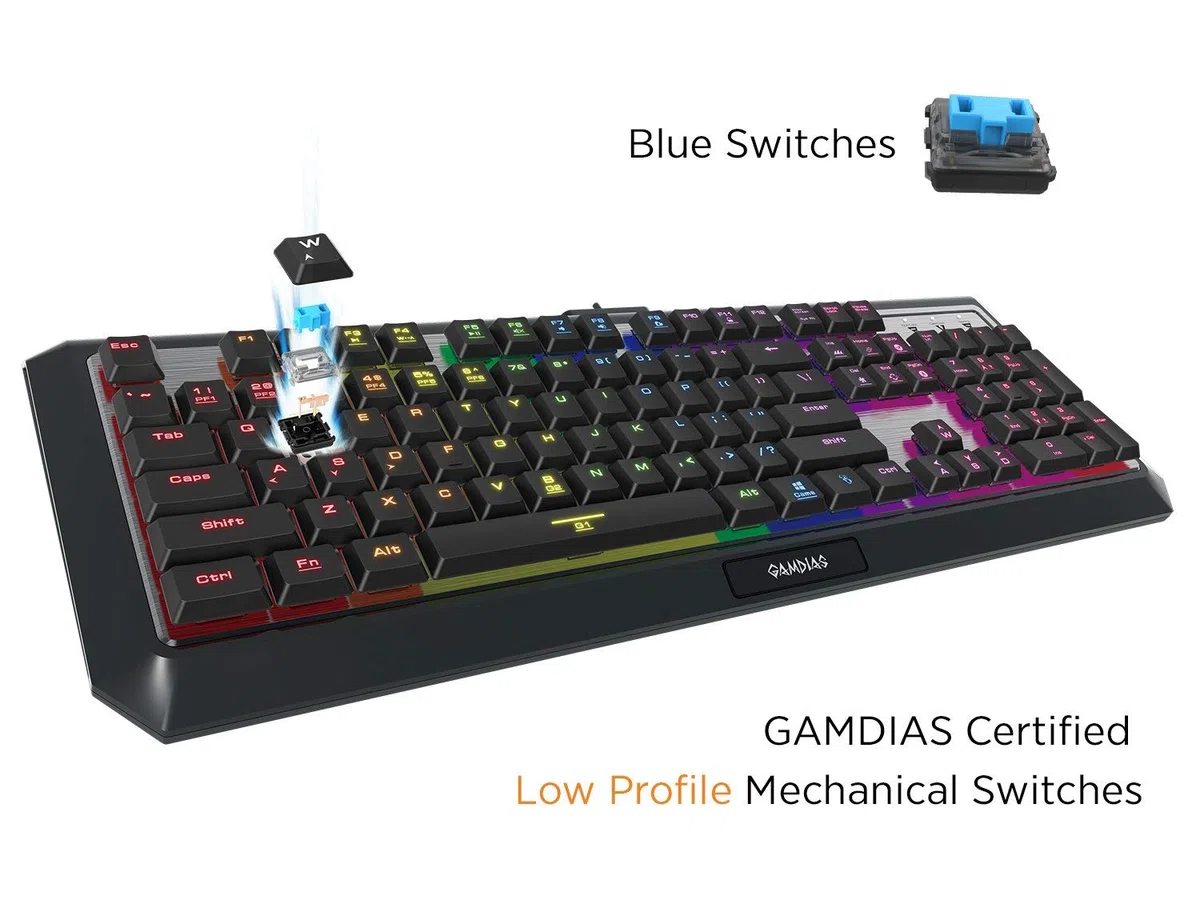 GAMDIAS Hermes P3 Black mechaniczna klawiatura USB Gaming 104 klawisze Low Profile RGB Switches niebieskie podświetlenie klawiatury układ UK