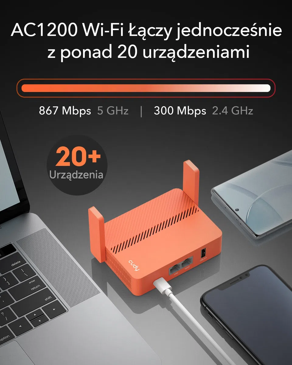 Cudy AC1200 Podróżny Router Wi-Fi, Przedłużacz/Repeater, do Hoteli i Sieci Publicznych, WISP, Klienta i Serwera VPN, USB, TR1200, Dwupasmowy, xDSL, Pomarańczowy