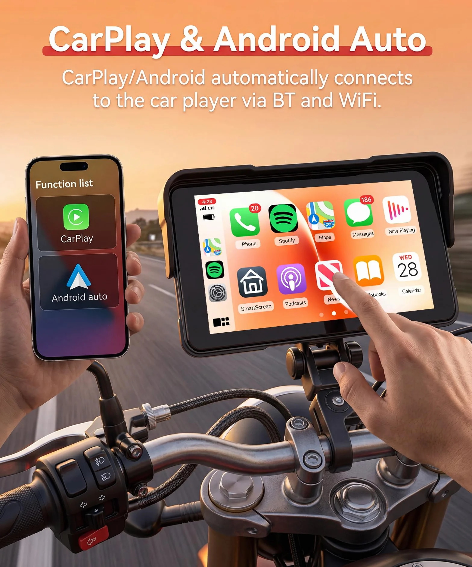 Rimoody Motocyklowy wyświetlacz CarPlay 5" z kontrolerem kierownicy, zdejmowany stojak, bezprzewodowy wyświetlacz CarPlay i Android Auto do motocykli, bezprzewodowe radio samochodowe CarPlay