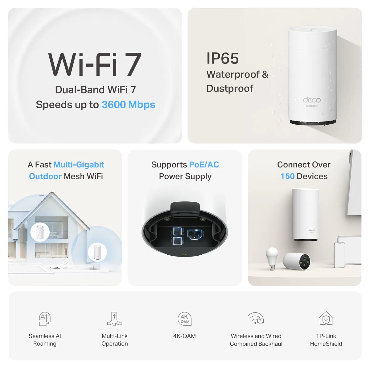 TP-Link Wi-Fi 7 Deco BE25-Outdoor Mesh WiFi BE3600Mbps, punkt dostępowy zewnętrzny, dwuzakresowy, 2 porty 2,5Gbps, IP65, 4 anteny wewnętrzne, odporność na kurz/wodę, montaż na słupie/ścianie