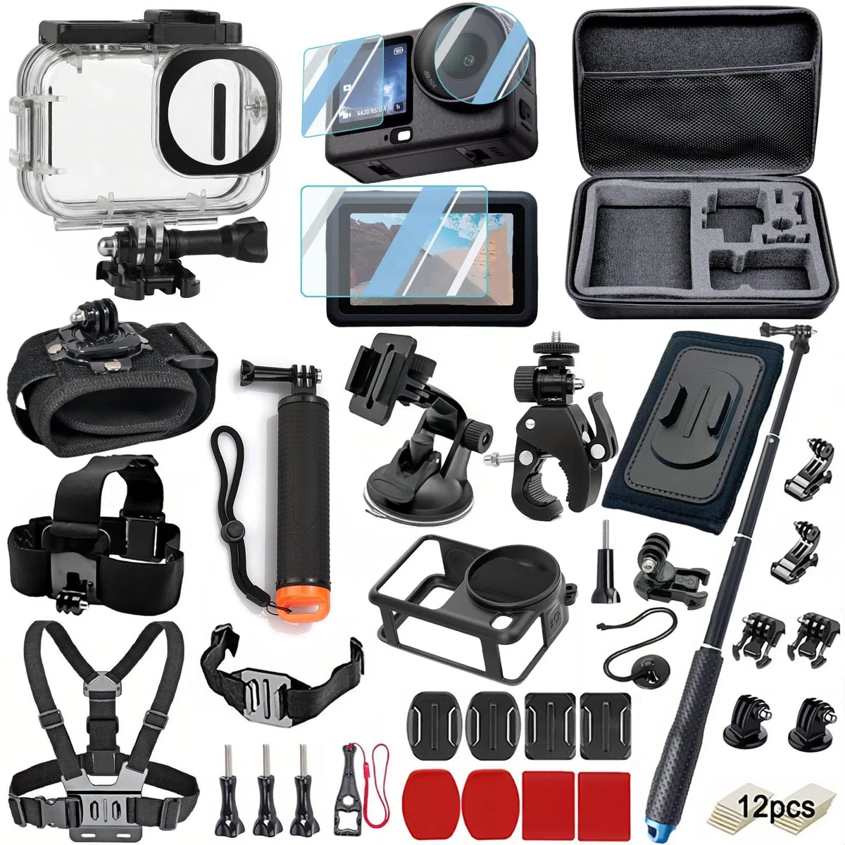 Zestaw akcesoriów, kompatybilny z DJI OSMO Action 6, wodoszczelna obudowa, folia ochronna na wyświetlacz z hartowanego szkła, pływający uchwyt Bobber, duża torba do noszenia, uchwyty na klatkę