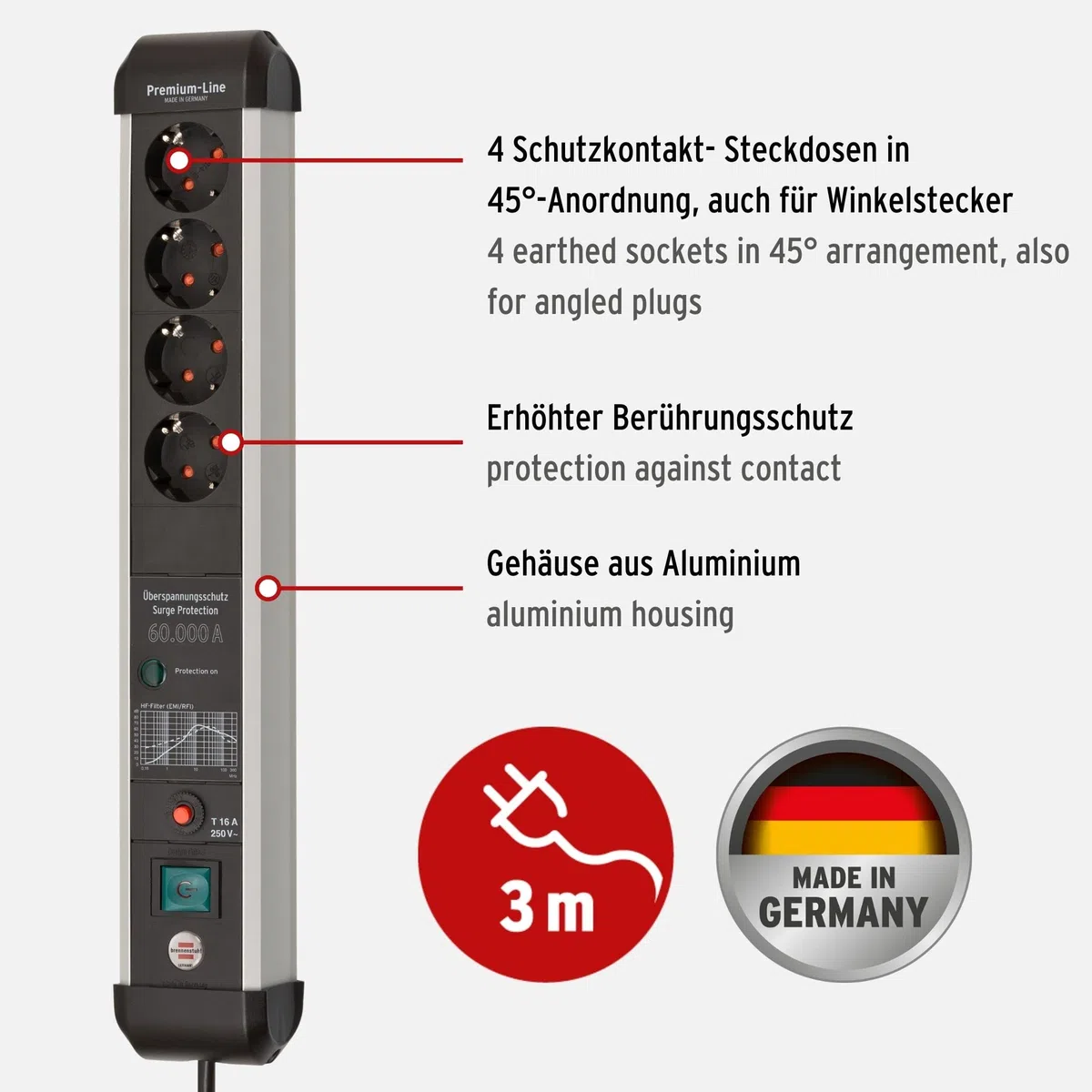 Brennenstuhl Premium Protect-Line listwa zasilająca z 4 gniazdami z ochroną przed przepięciem 60 000 A (gniazdko wielokrotne z przełącznikiem i kablem 3 m, Made in Germany), srebrna/czarna