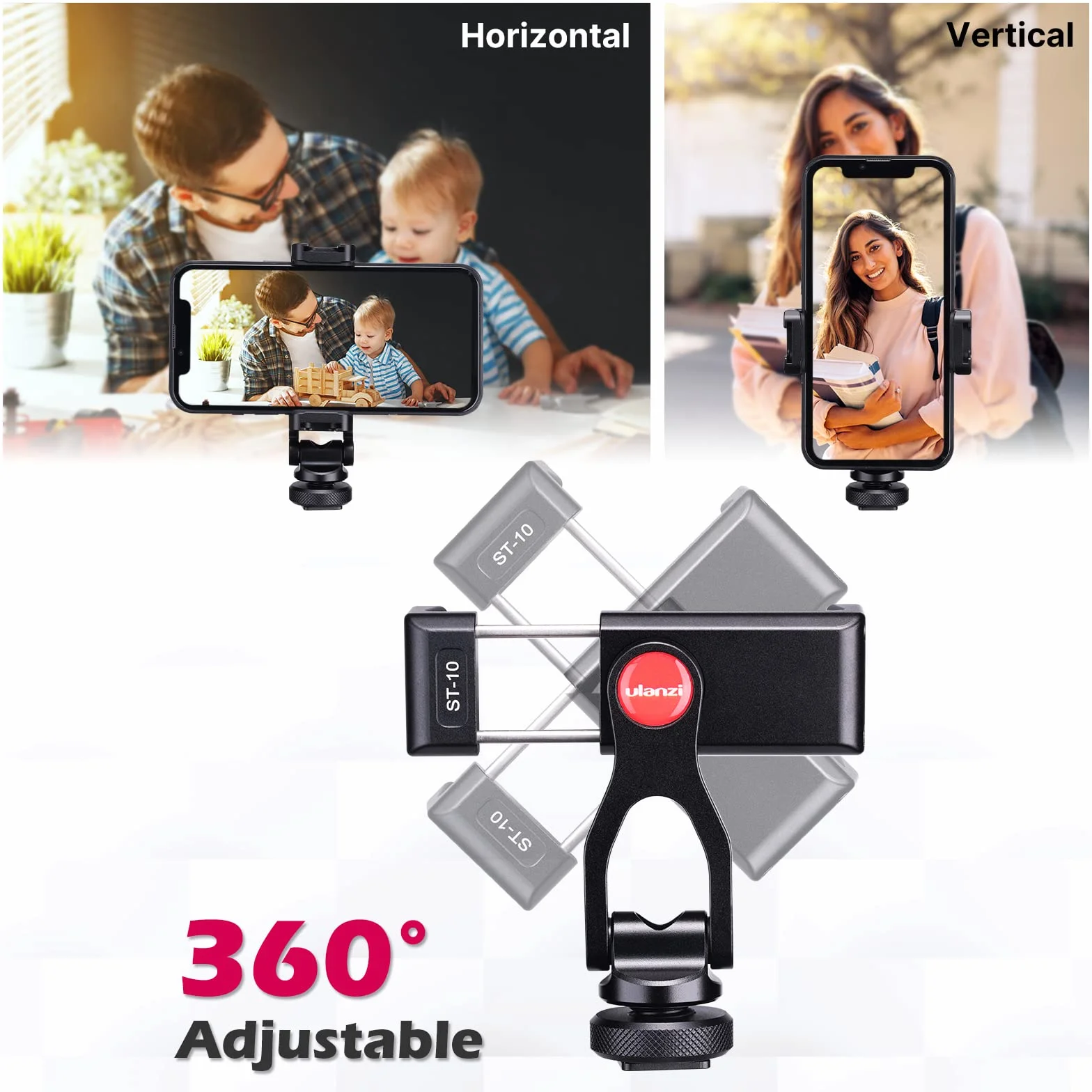 ULANZI Metalowy statyw do telefonu ST-10, uniwersalny adapter do smartfona 360° z 2 uchwytami na zimną stopkę, regulowany uchwyt zaciskowy do telefonu komórkowego, kompatybilny z iPhone, Samsung